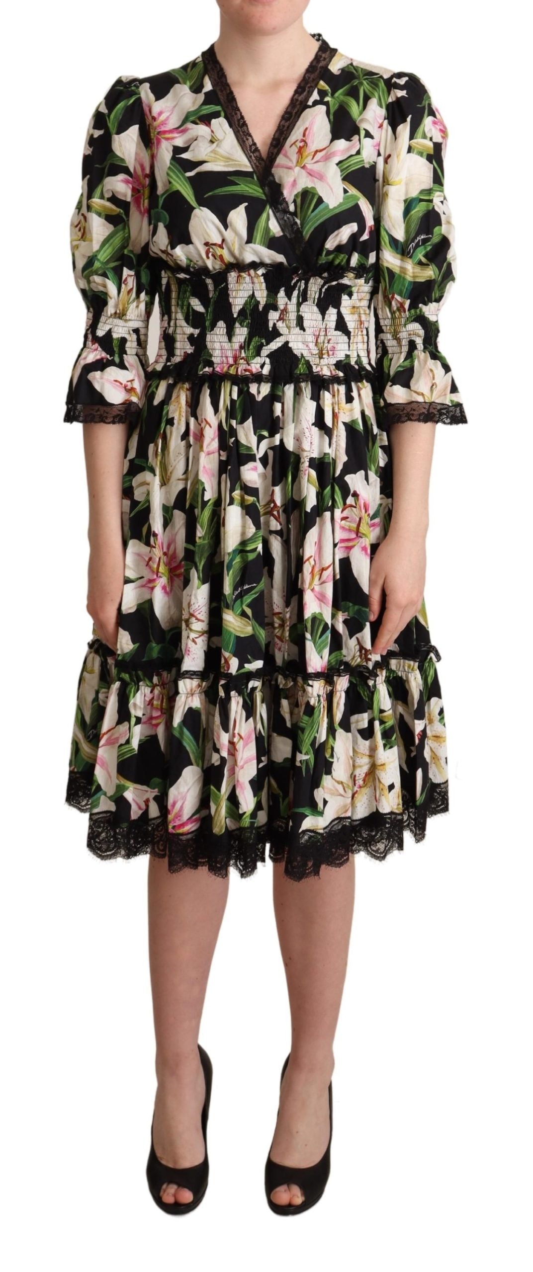 Dolce & Gabbana Black Cotton Lily Print Lace Trim Dress