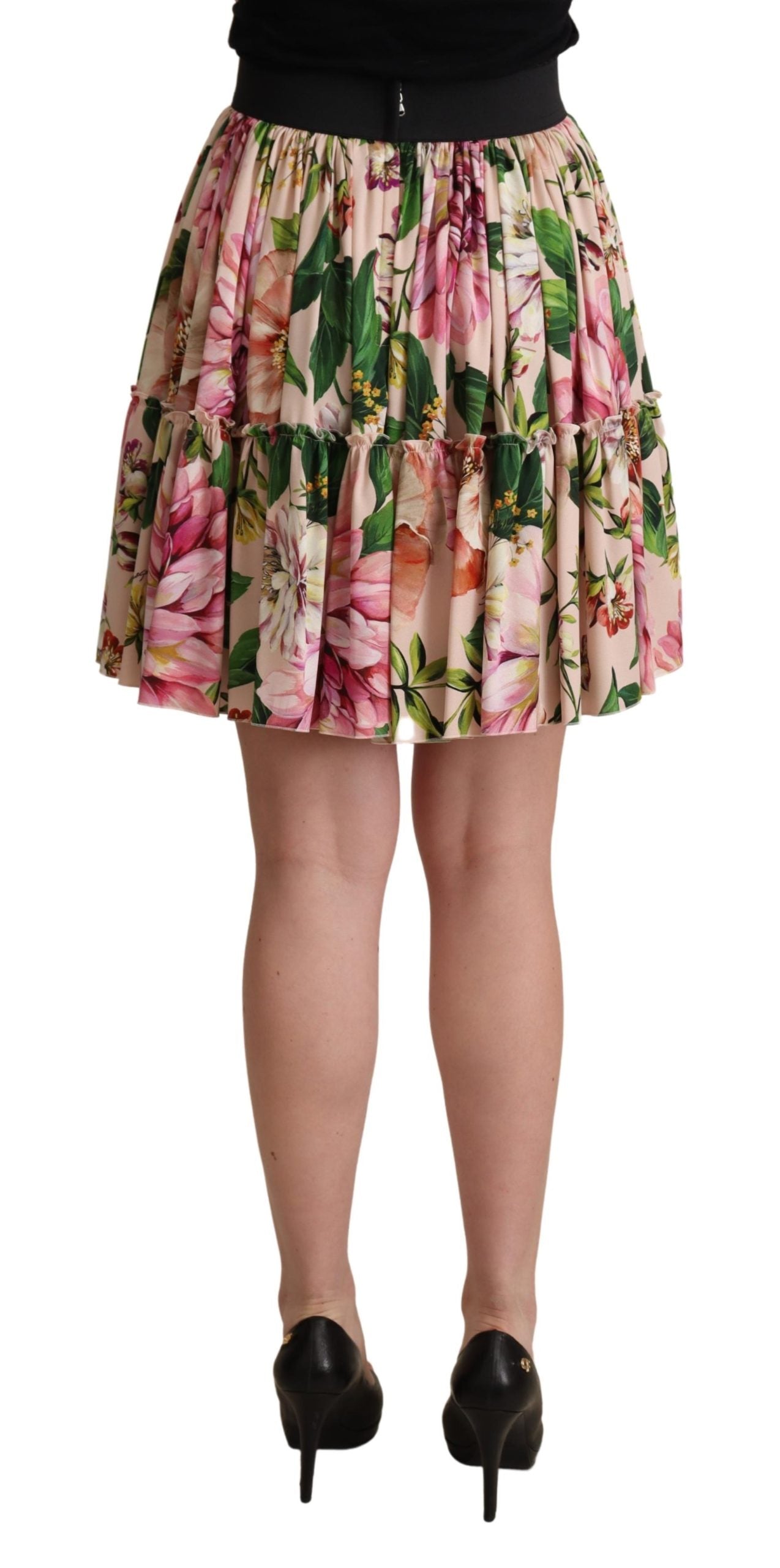 Dolce & Gabbana Pink Floral Print Silk High Waist Mini Skirt