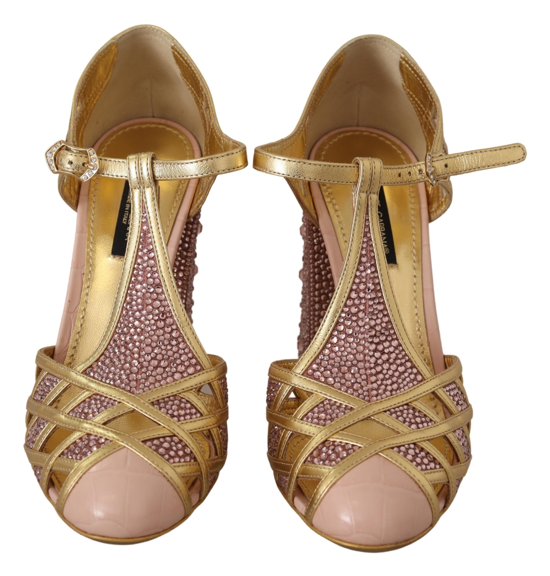 Dolce & Gabbana Pink Gold Leather Crystal Pumps T-strap Shoes