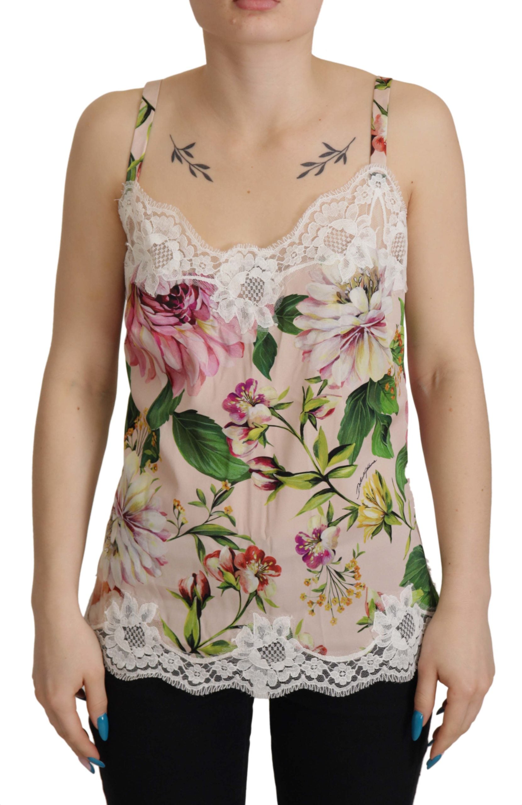 Dolce & Gabbana White Floral Print Lace Silk Camisole Lingerie Top