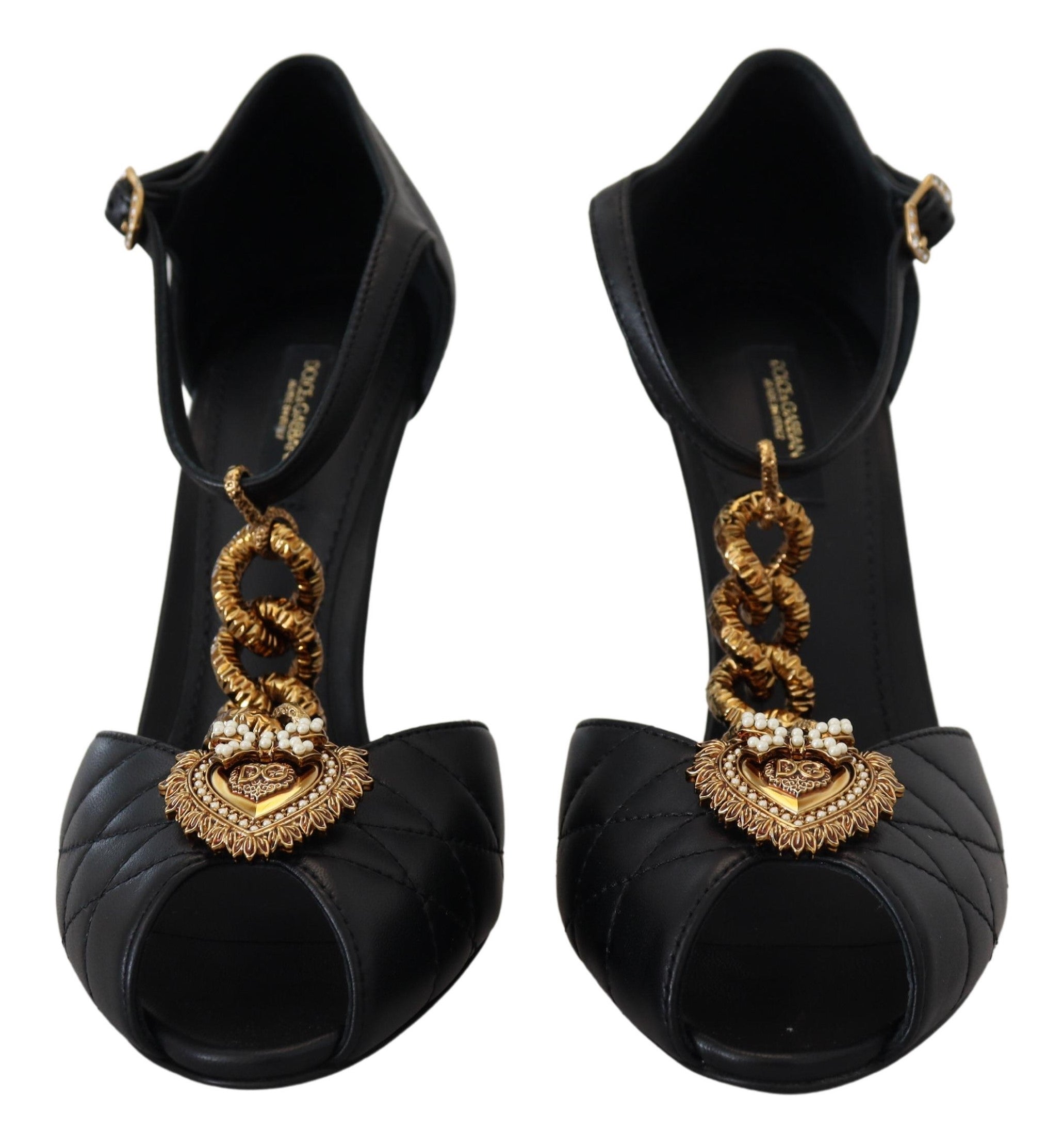 Dolce & Gabbana Black Leather Gold Devotion Heart Sandals Shoes