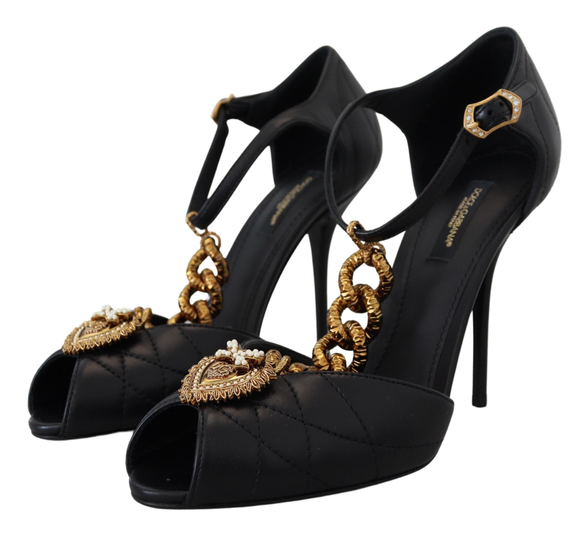 Dolce & Gabbana Black Leather Gold Devotion Heart Sandals Shoes