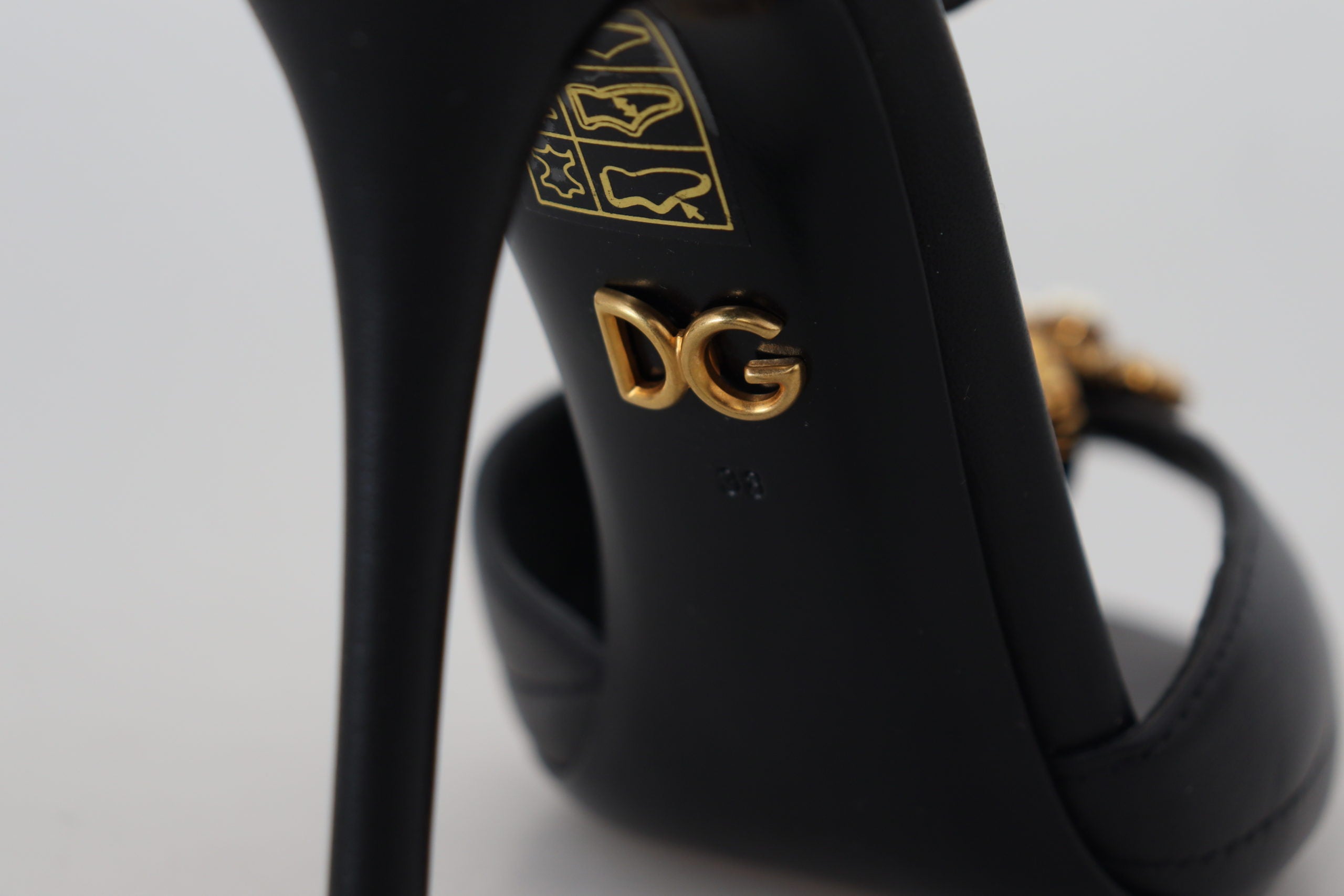 Dolce & Gabbana Black Leather Gold Devotion Heart Sandals Shoes