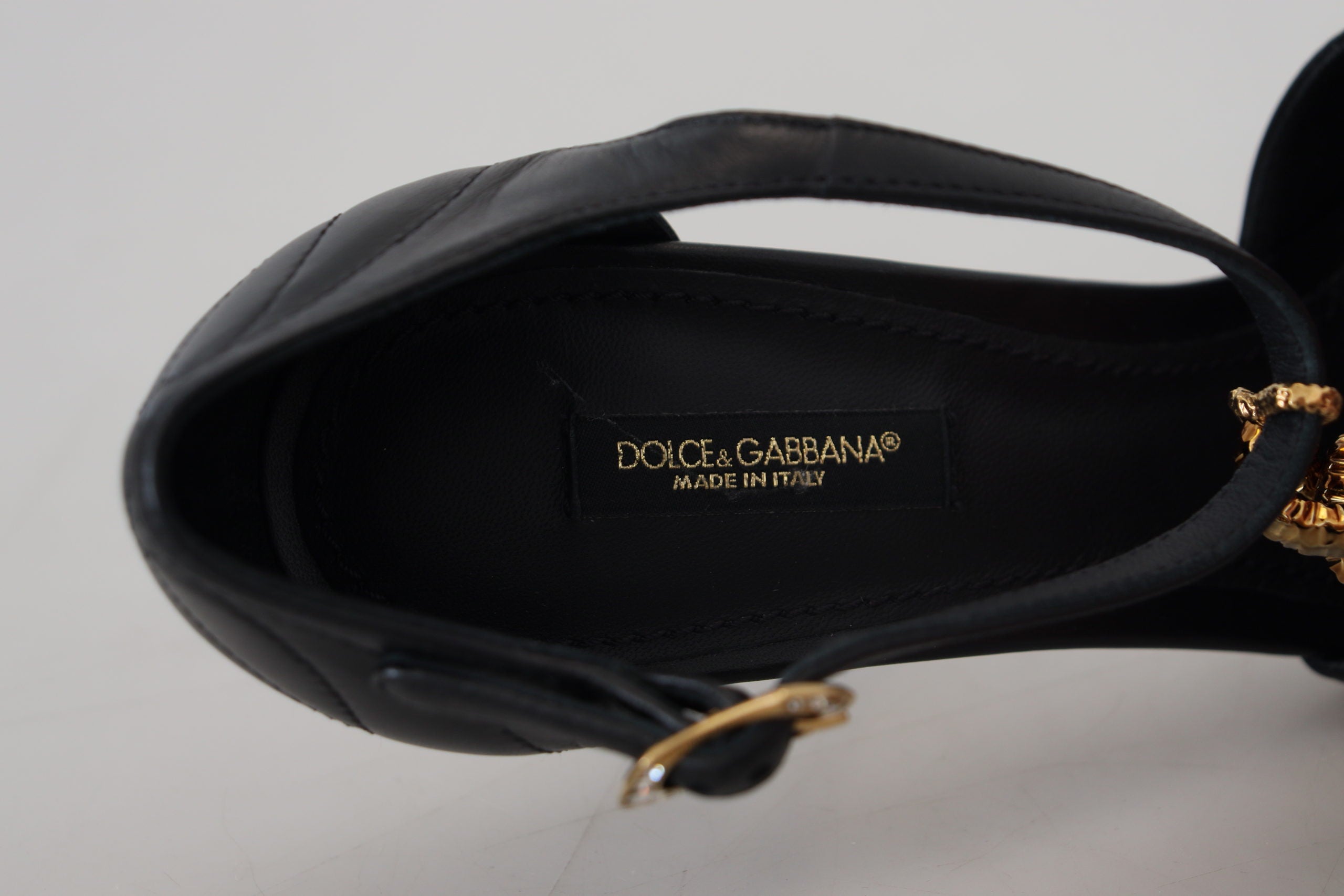 Dolce & Gabbana Black Leather Gold Devotion Heart Sandals Shoes