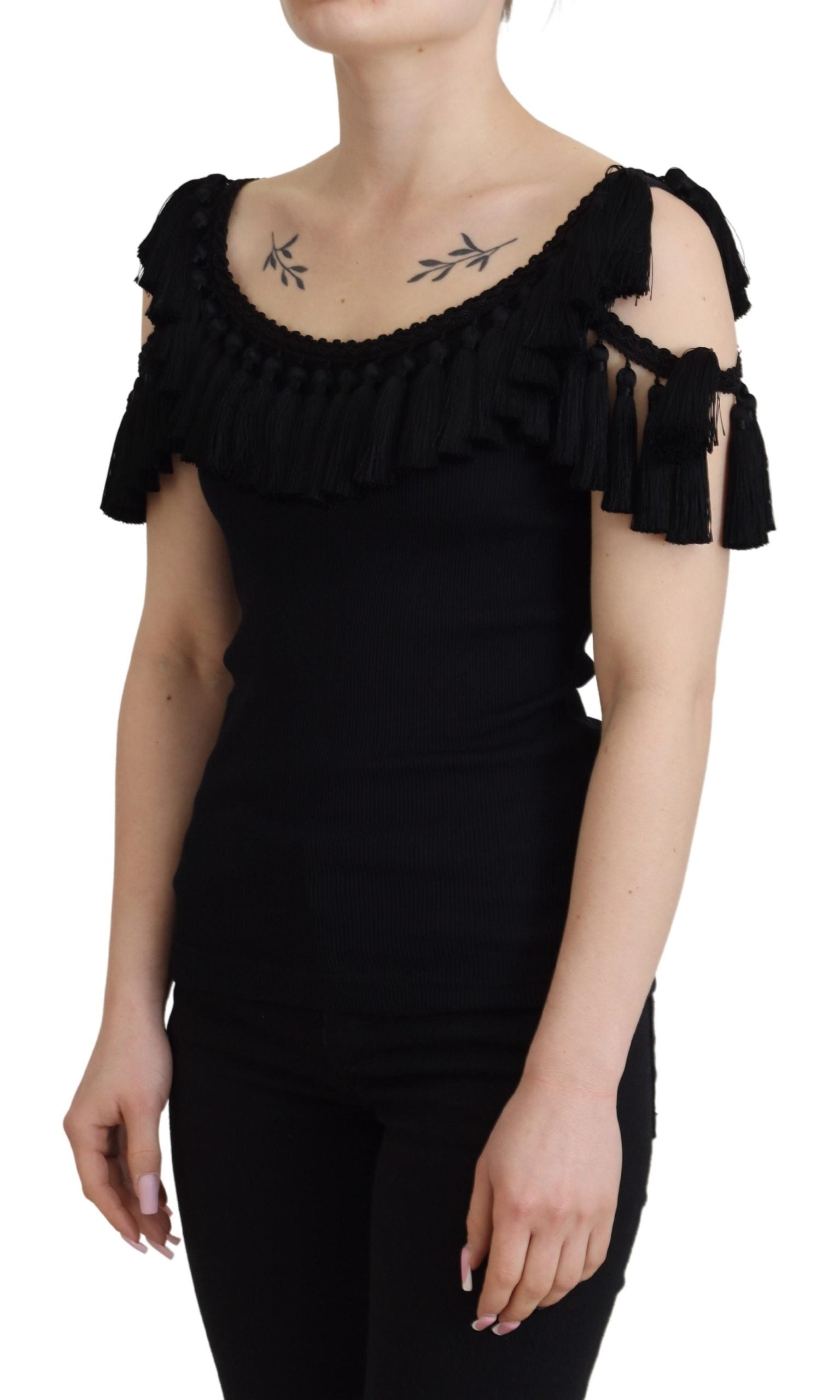 Dolce & Gabbana Black Tank Top Blouse Tassle Cotton Blouse