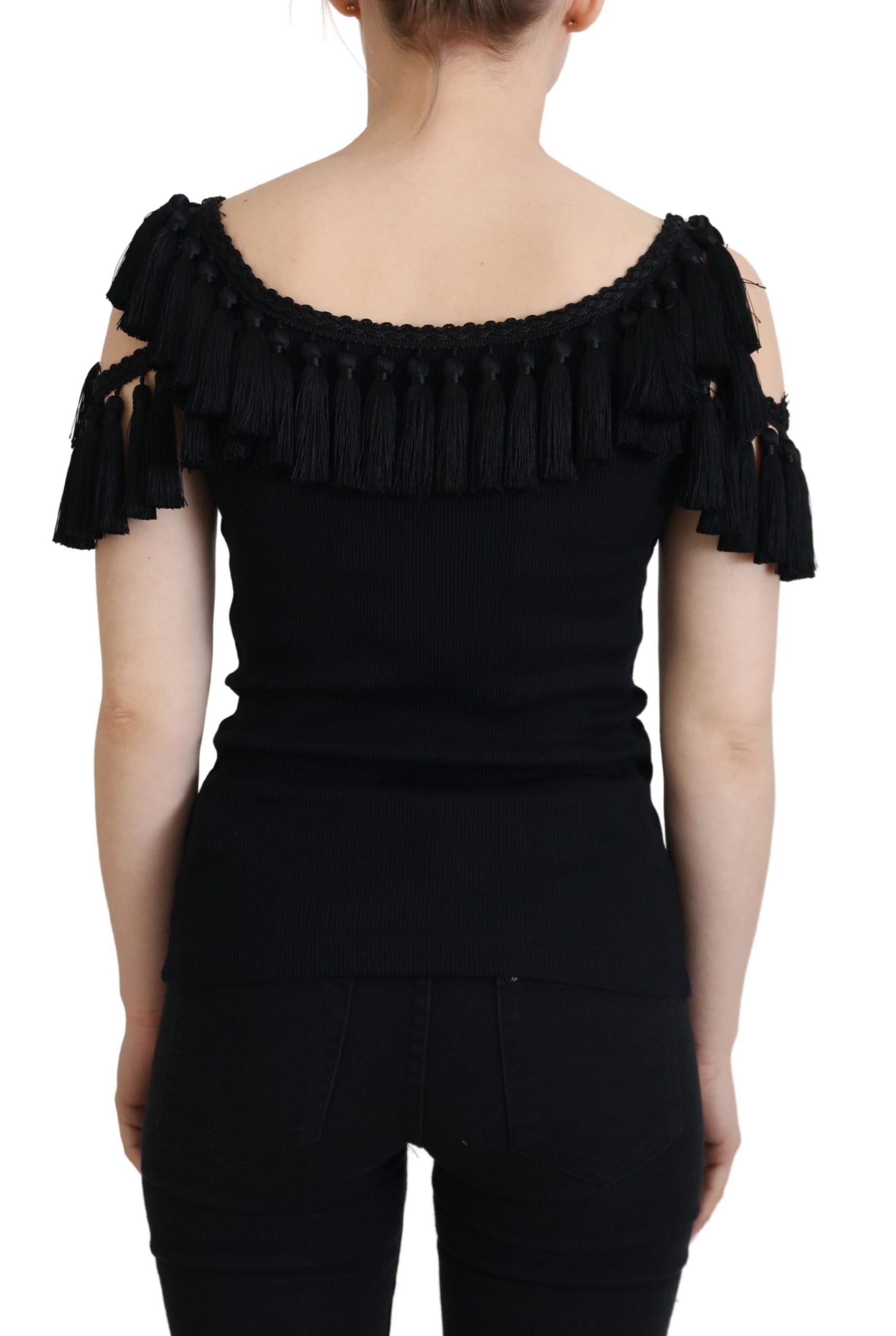 Dolce & Gabbana Black Tank Top Blouse Tassle Cotton Blouse