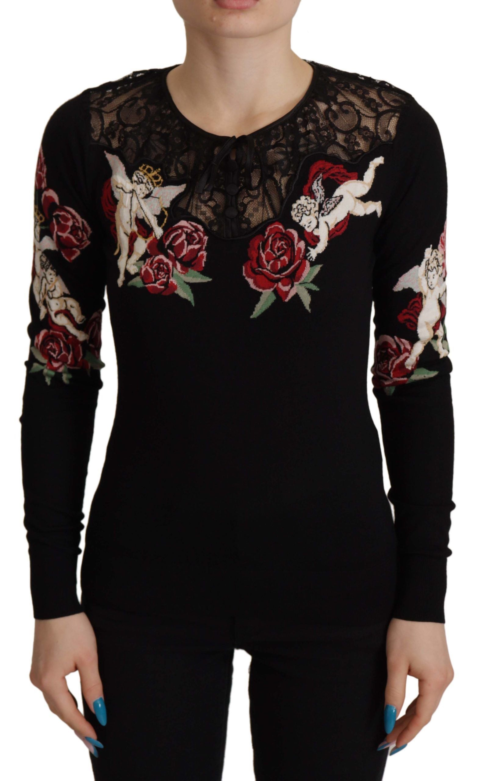 Dolce & Gabbana Black Lace Angel Roses Cardigan Sweater