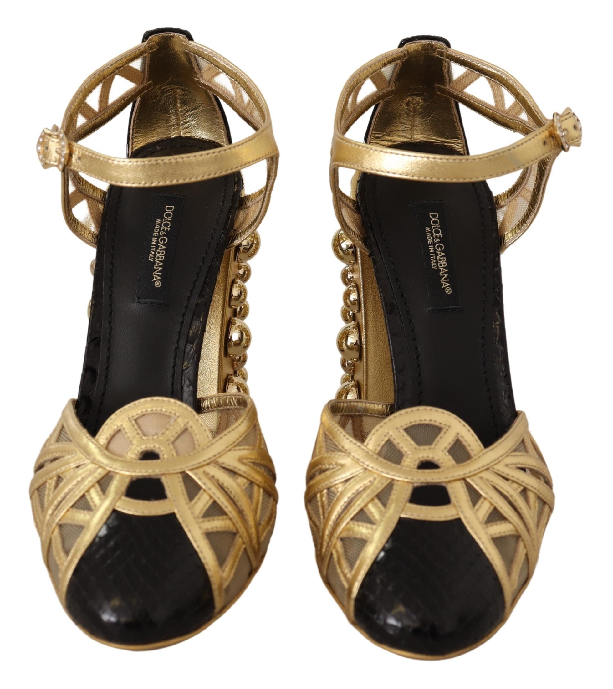 Dolce & Gabbana Black Gold Leather Studded Ankle Straps Shoes