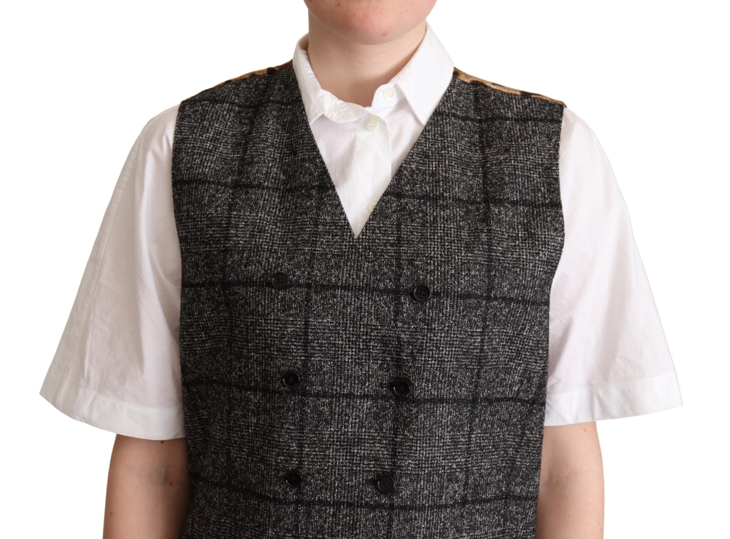 Dolce & Gabbana Gray Wool Leopard Print Waistcoat Vest