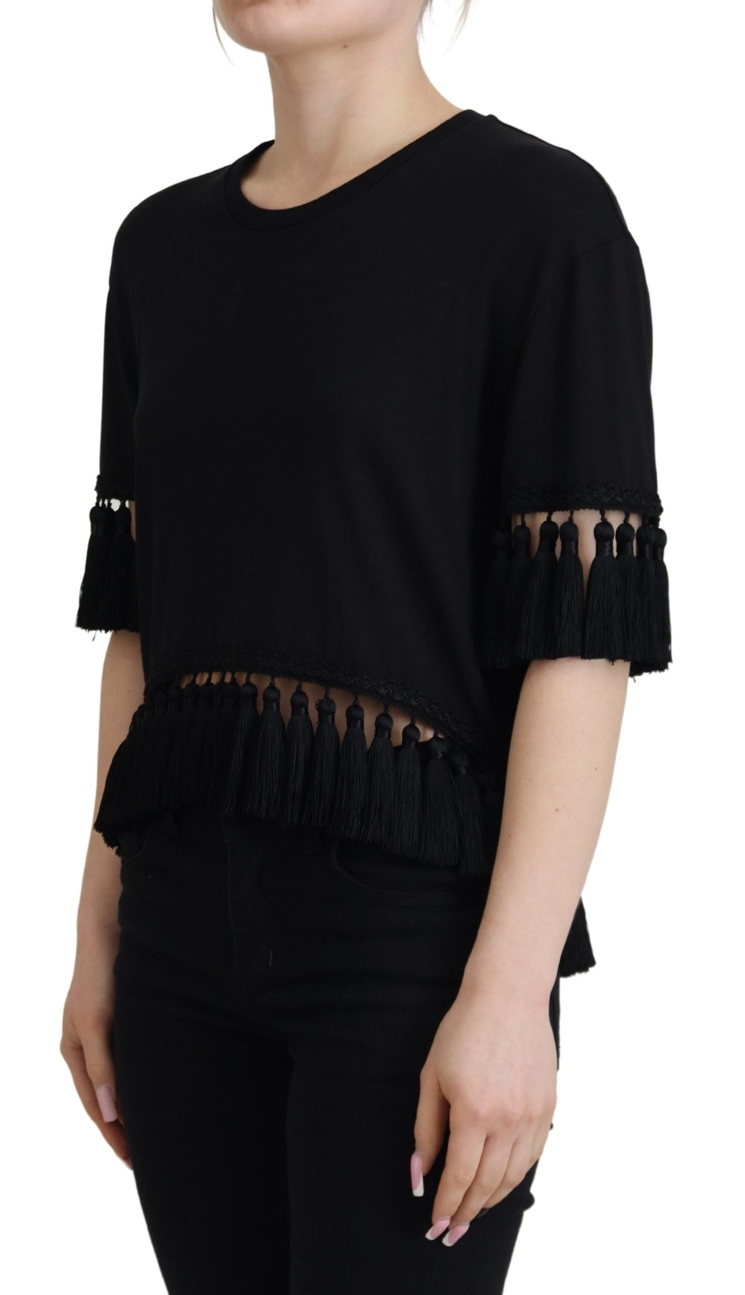 Dolce & Gabbana Black T-shirt Blouse Tassle Cotton Blouse