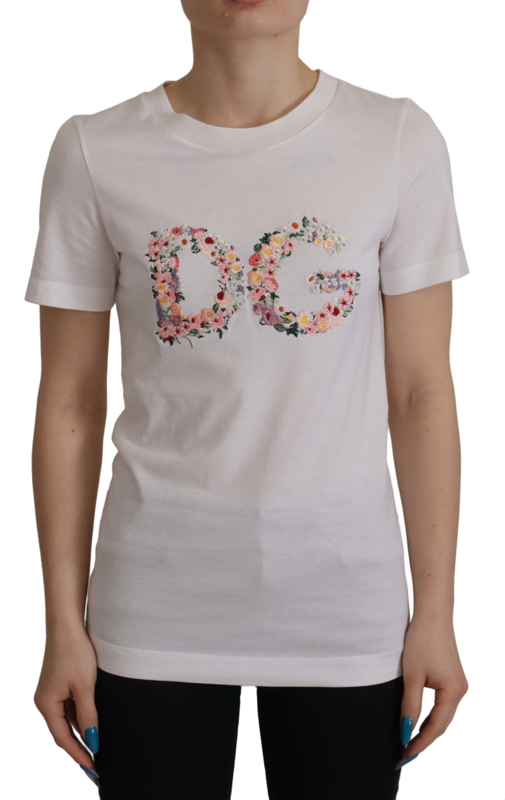 Dolce & Gabbana White Flower Embroidered Round Neck T-shirt