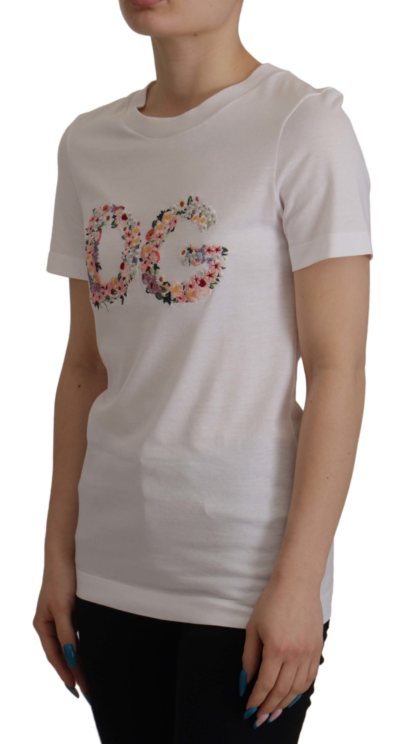 Dolce & Gabbana White Flower Embroidered Round Neck T-shirt