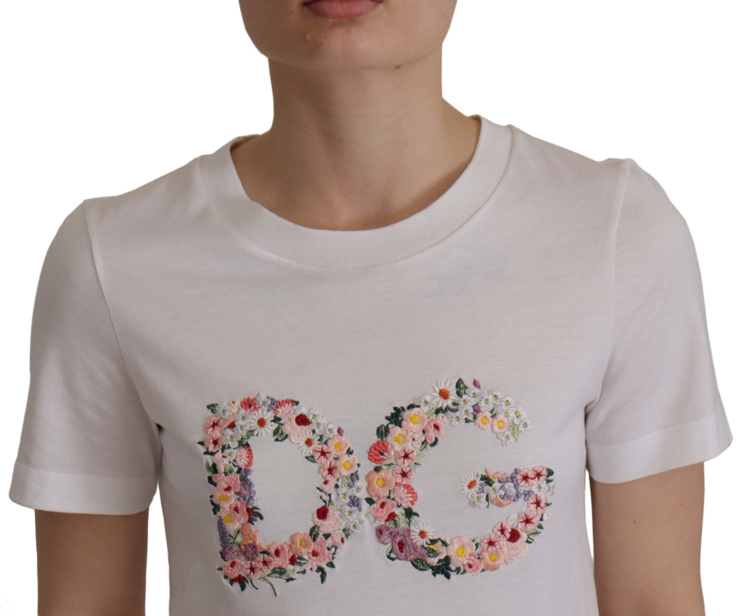 Dolce & Gabbana White Flower Embroidered Round Neck T-shirt