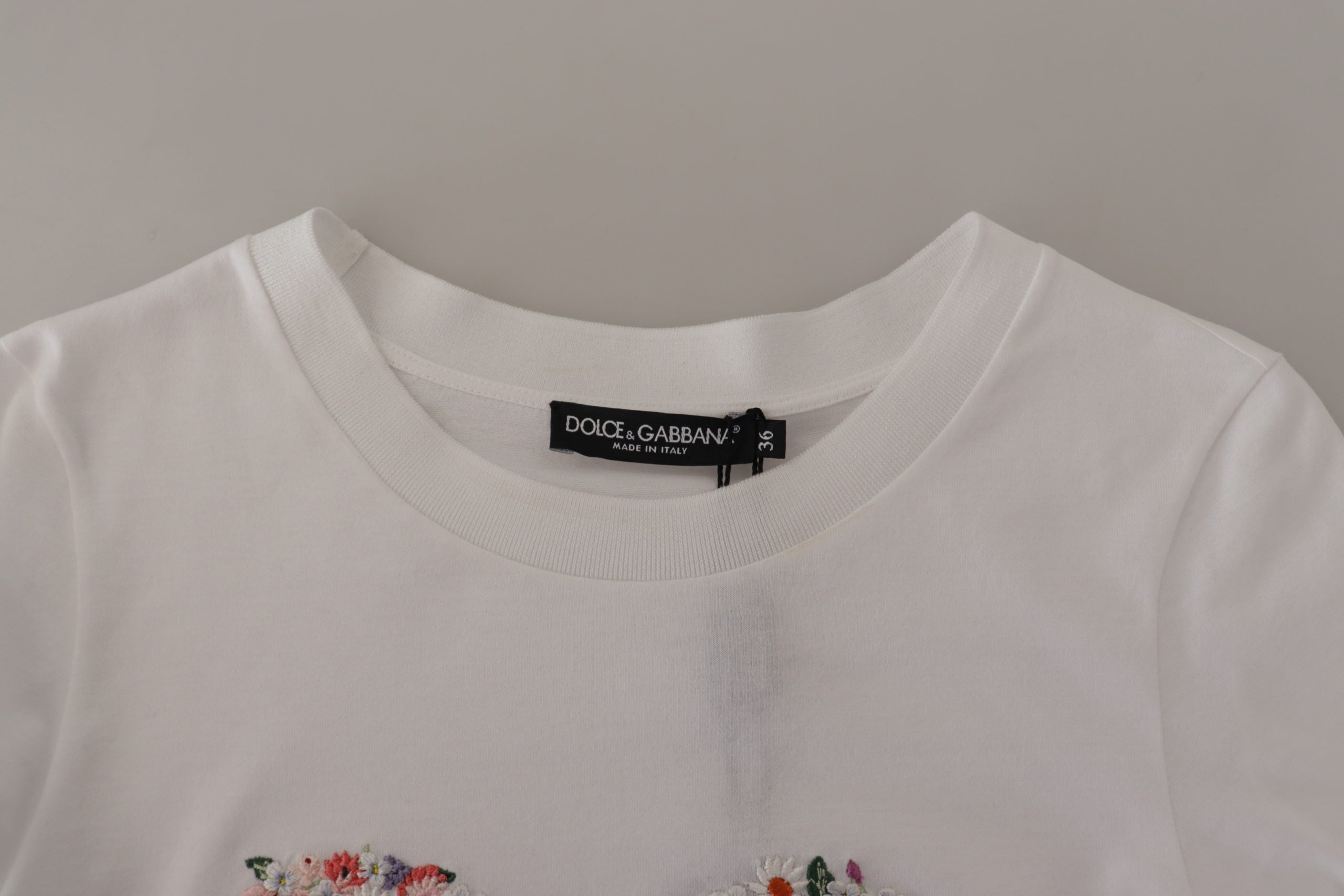 Dolce & Gabbana White Flower Embroidered Round Neck T-shirt