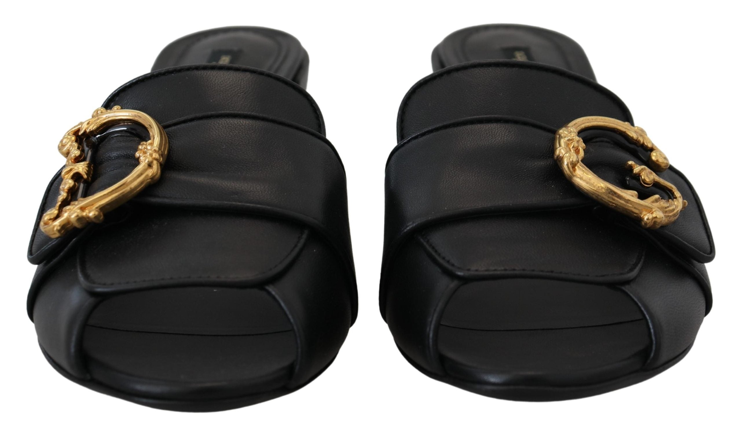 Dolce & Gabbana Black DG Gold Logo Slides Heels Sandals