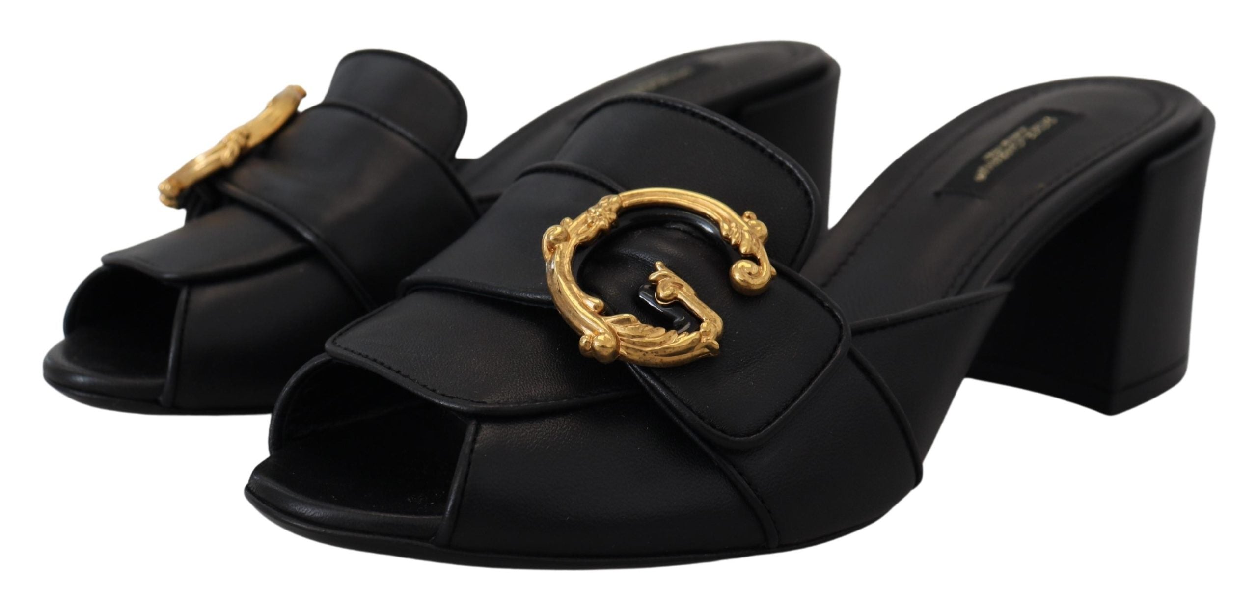 Dolce & Gabbana Black DG Gold Logo Slides Heels Sandals