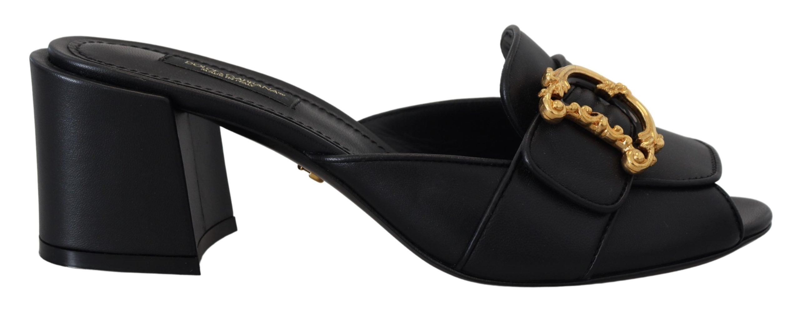 Dolce & Gabbana Black DG Gold Logo Slides Heels Sandals