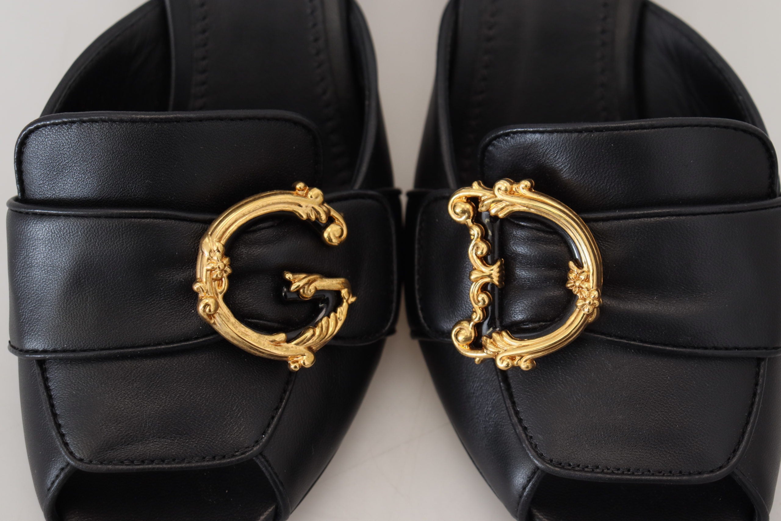 Dolce & Gabbana Black DG Gold Logo Slides Heels Sandals