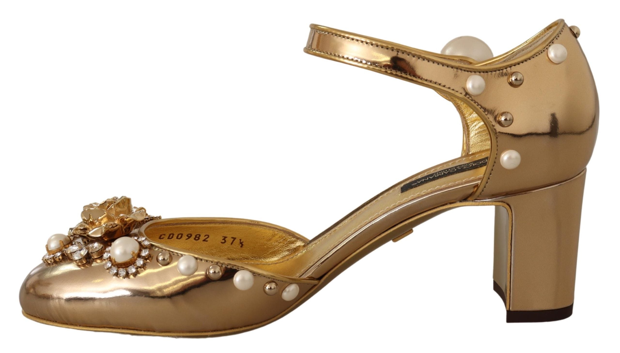 Dolce & Gabbana Gold Leather Studded Crystal Ankle Strap Shoes