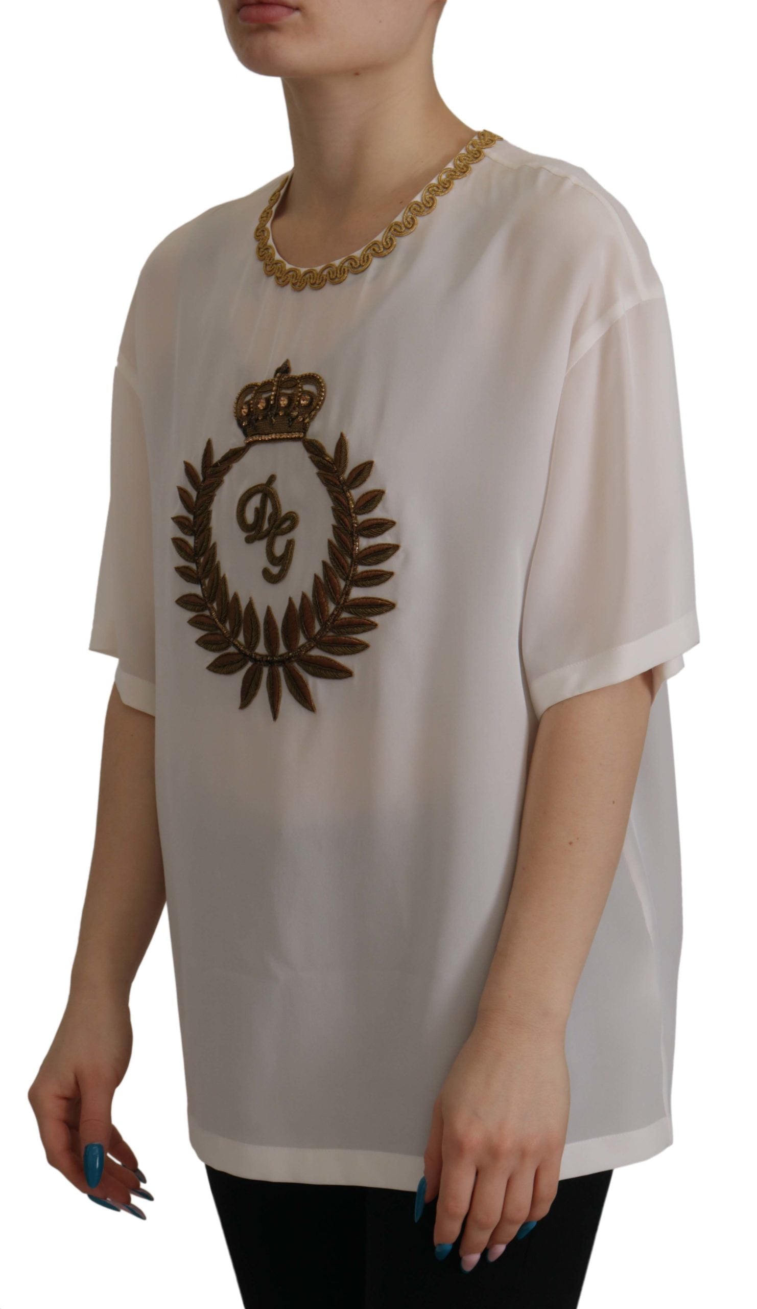 Dolce & Gabbana White Silk Gold DG Crown Crystal Blouse Top