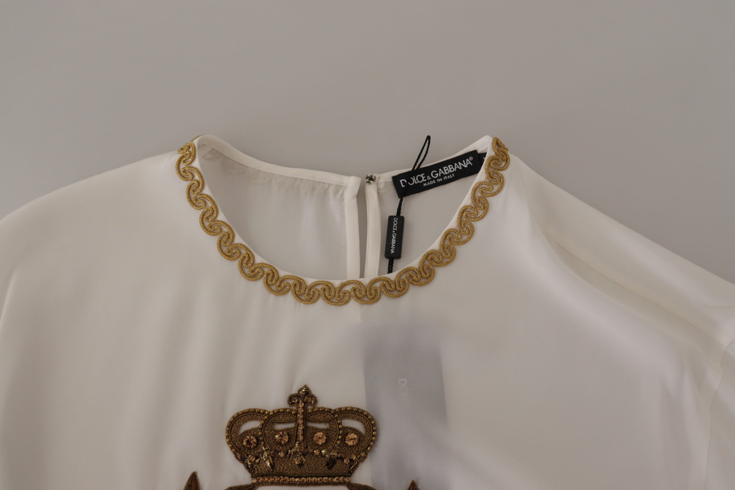 Dolce & Gabbana White Silk Gold DG Crown Crystal Blouse Top