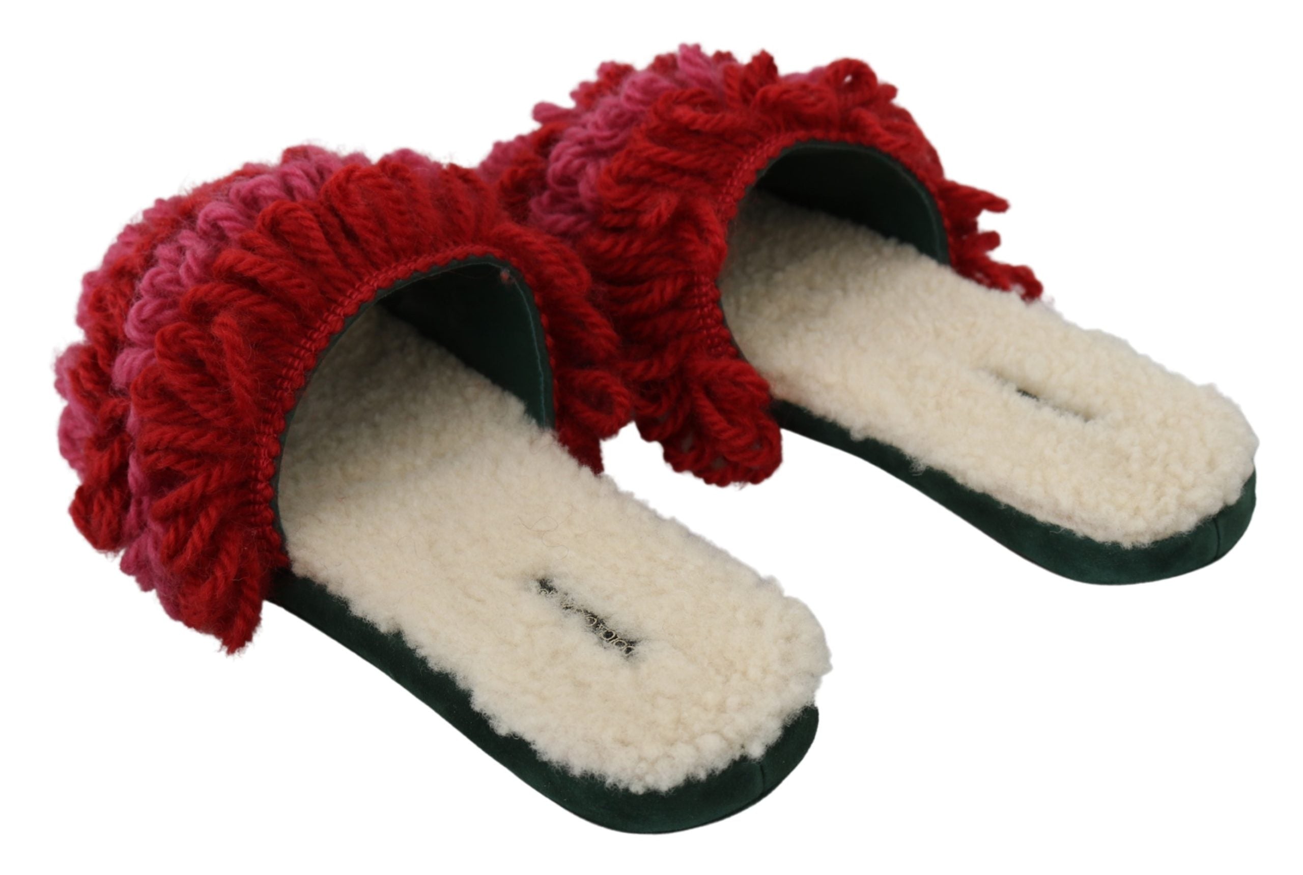 Dolce & Gabbana Red Green Suede Shearling Slippers Shoes