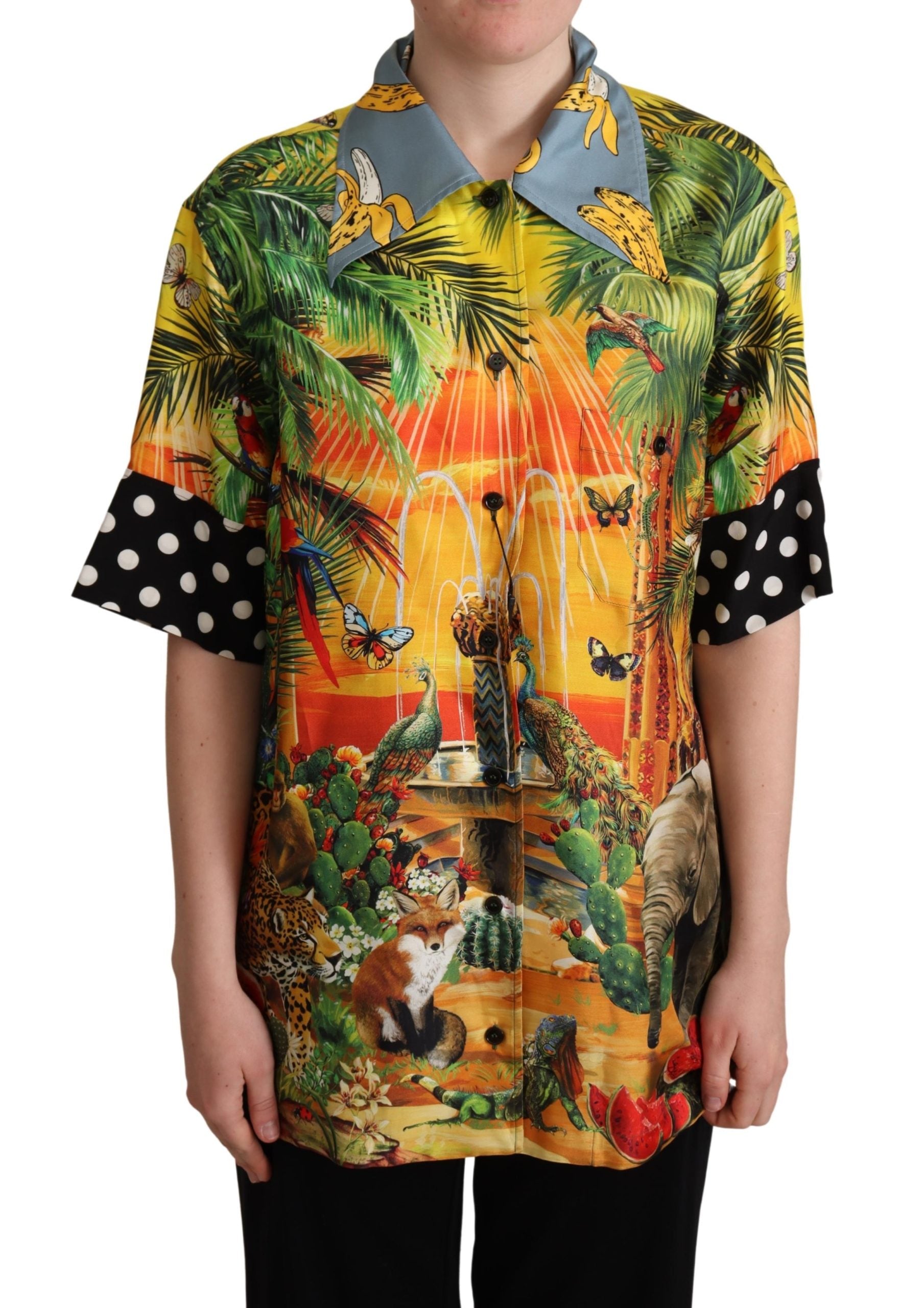 Dolce & Gabbana Multicolor Jungle Tropical Polka Dot Print Silk Shirt