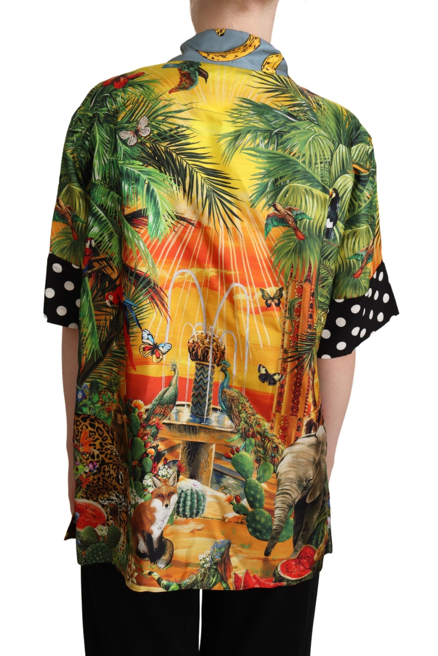 Dolce & Gabbana Multicolor Jungle Tropical Polka Dot Print Silk Shirt