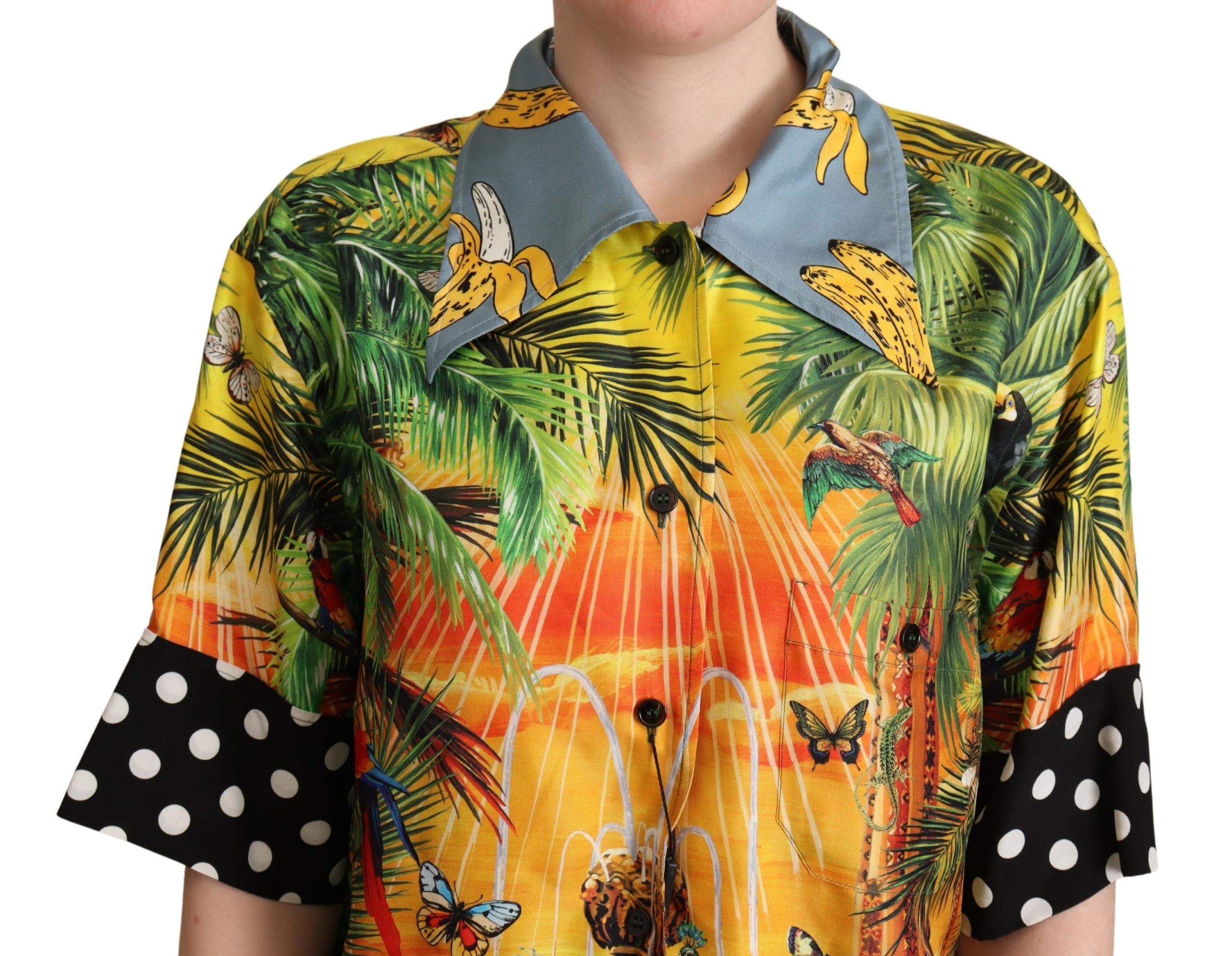 Dolce & Gabbana Multicolor Jungle Tropical Polka Dot Print Silk Shirt