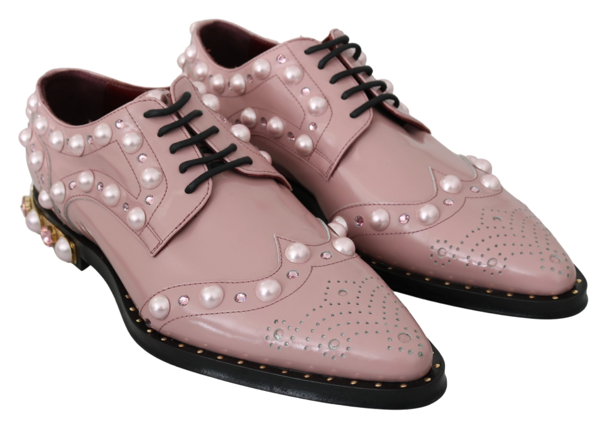 Dolce & Gabbana Pink Leather Crystal Pearls Studs Formal Shoes