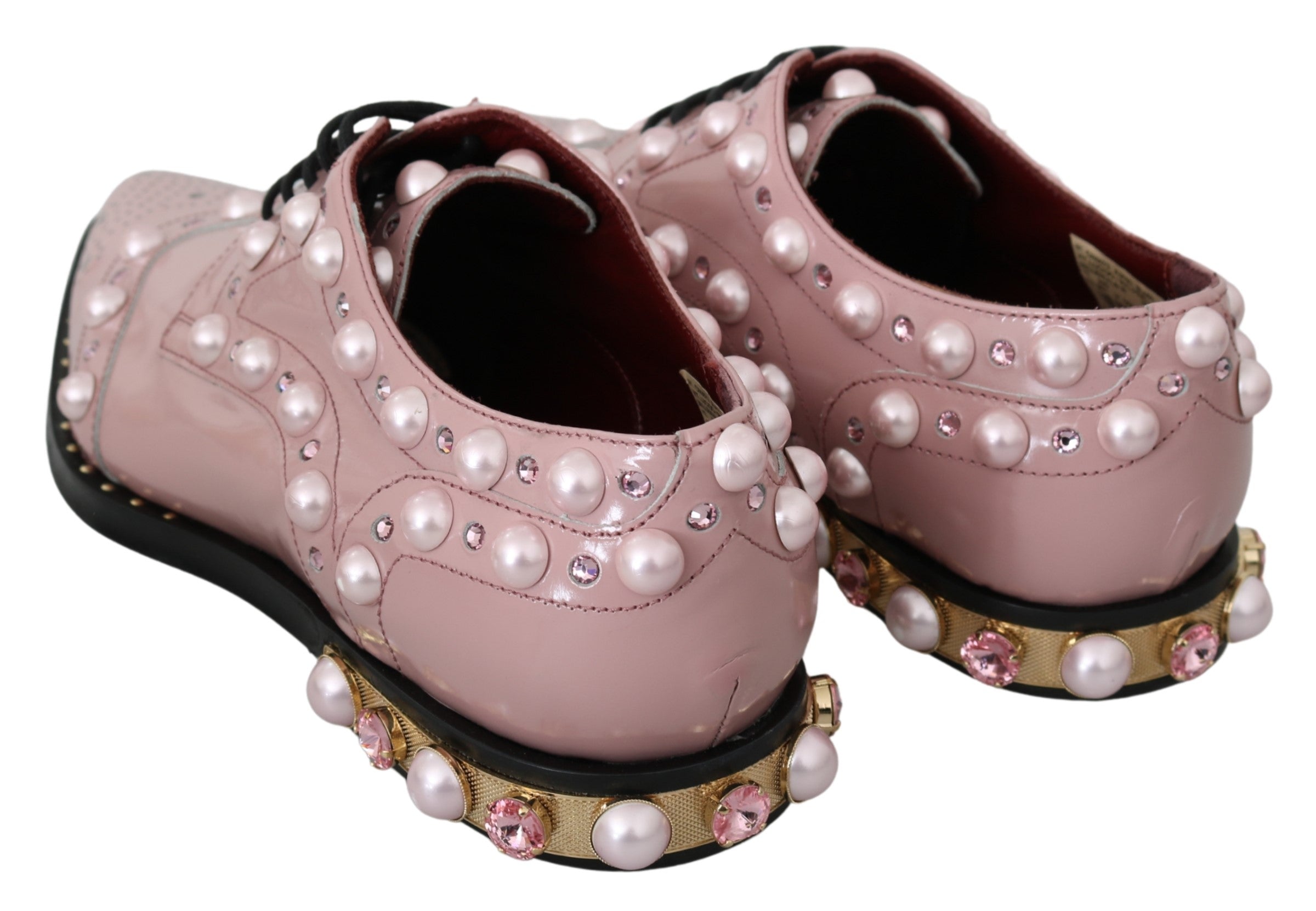 Dolce & Gabbana Pink Leather Crystal Pearls Studs Formal Shoes