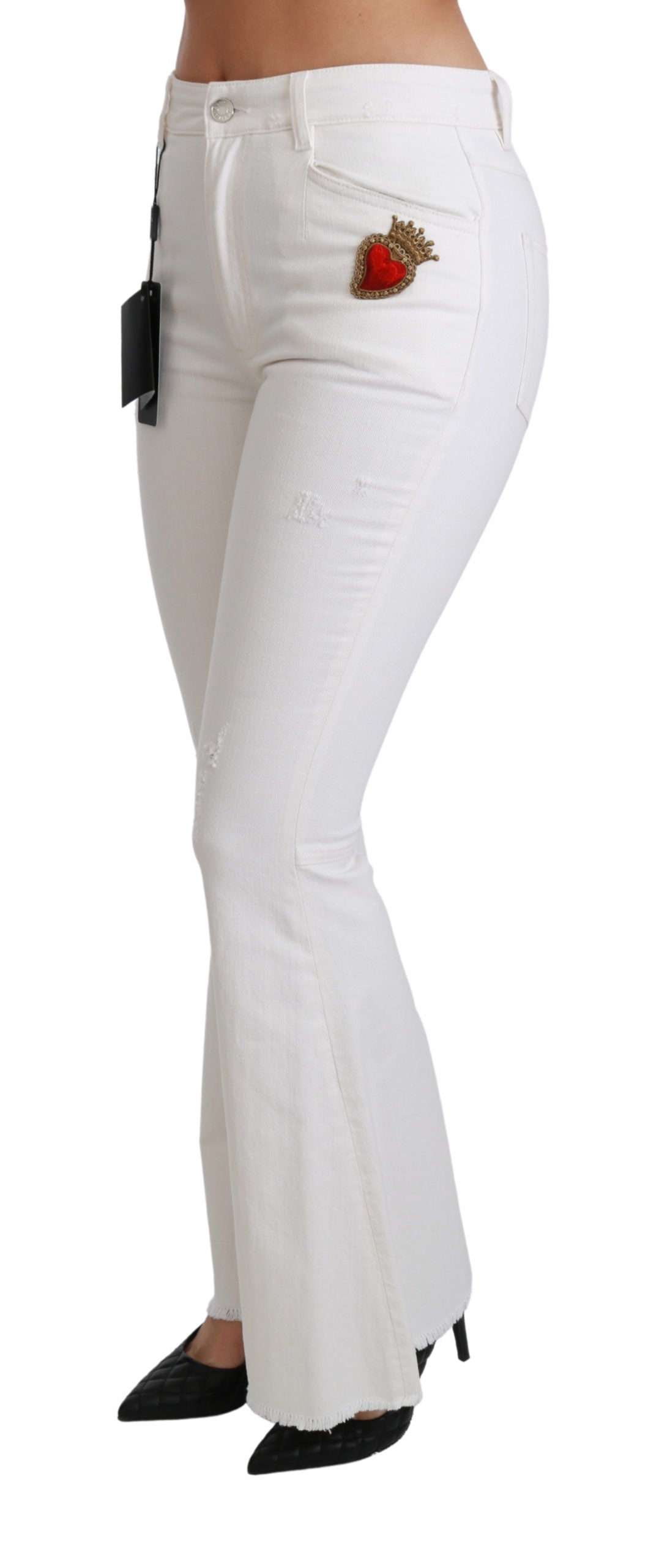 Dolce & Gabbana White Heart Flared Stretch Cotton Pants