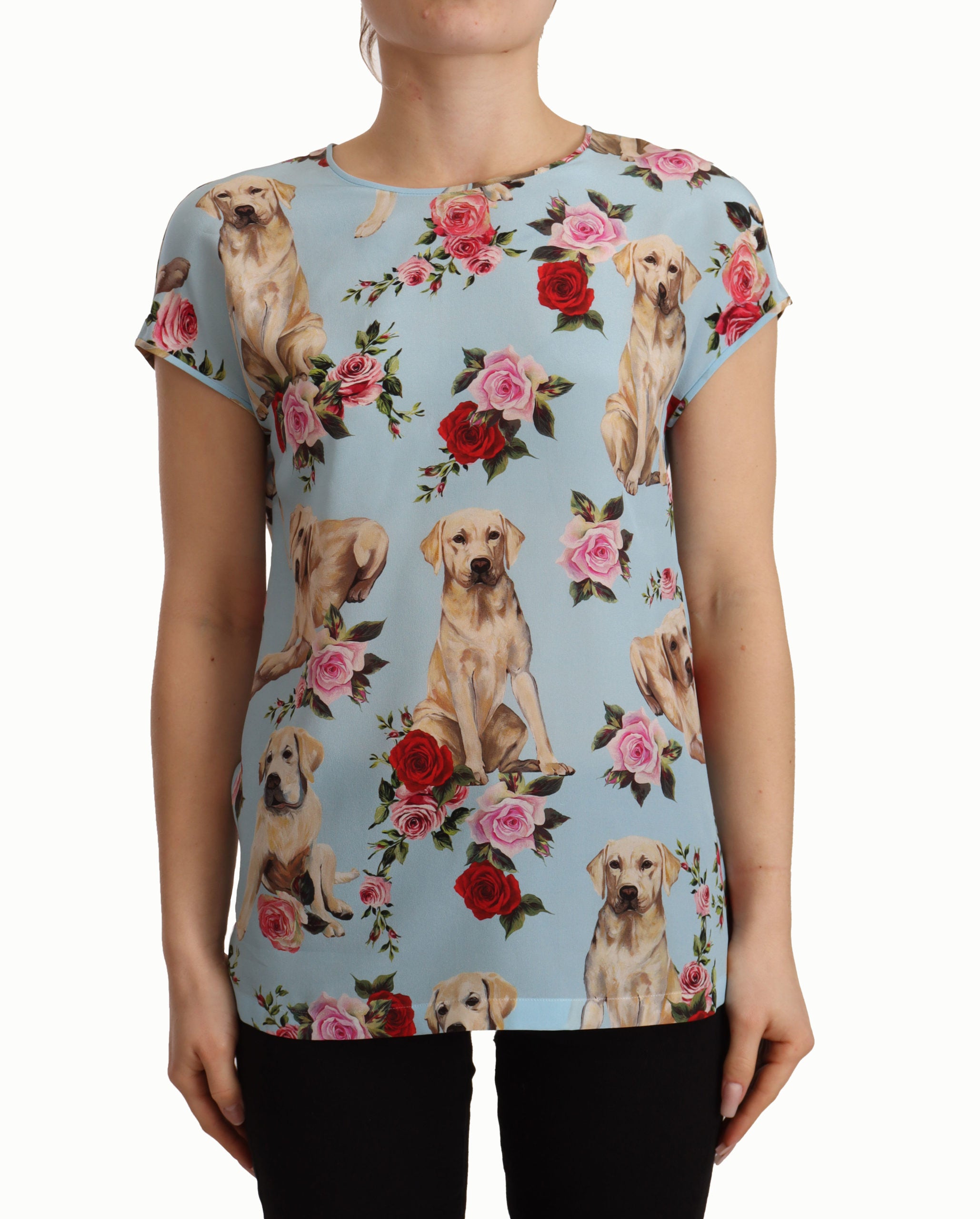 Dolce & Gabbana Light Blue Floral Dog Print Silk Blouse Top