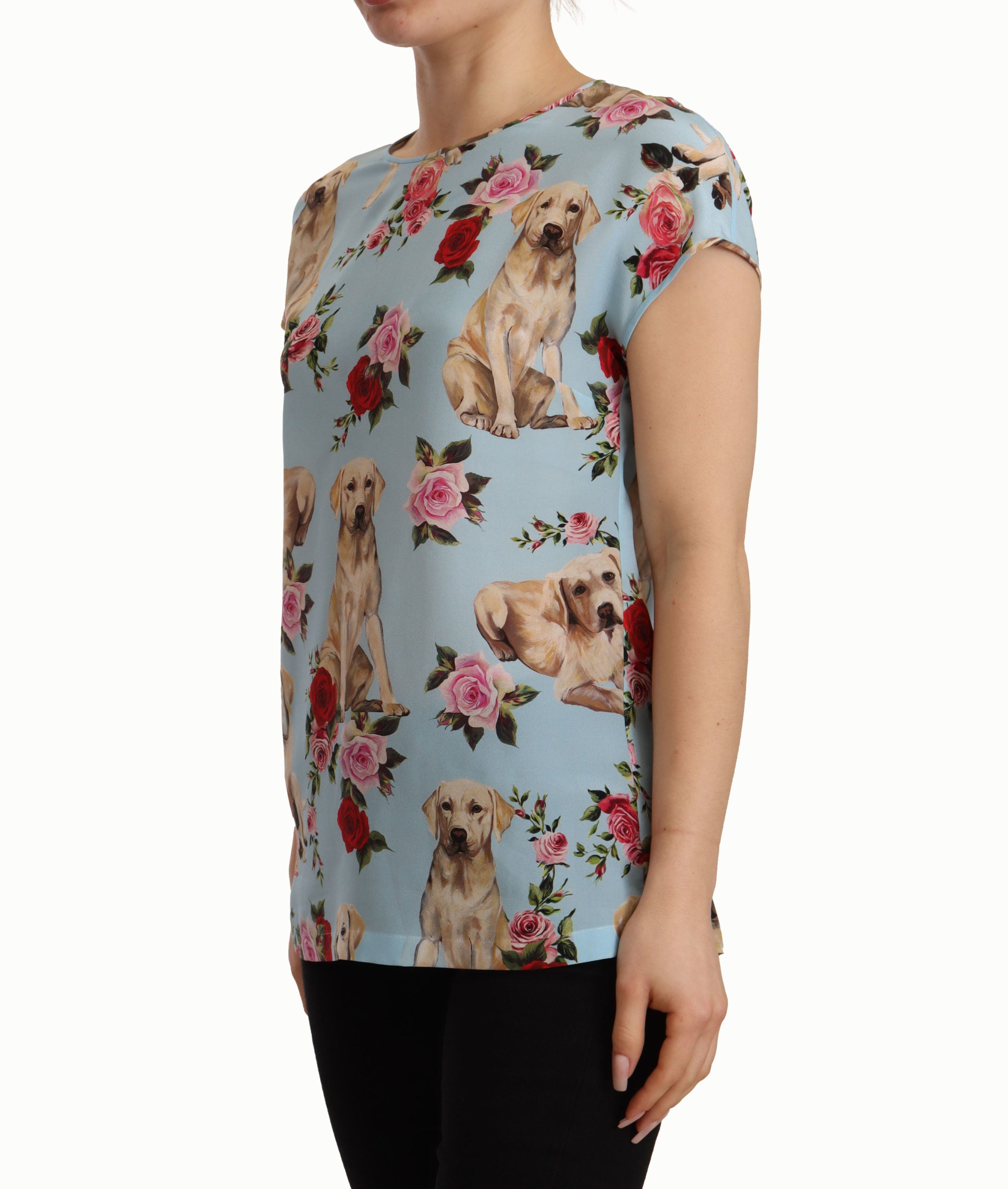 Dolce & Gabbana Light Blue Floral Dog Print Silk Blouse Top