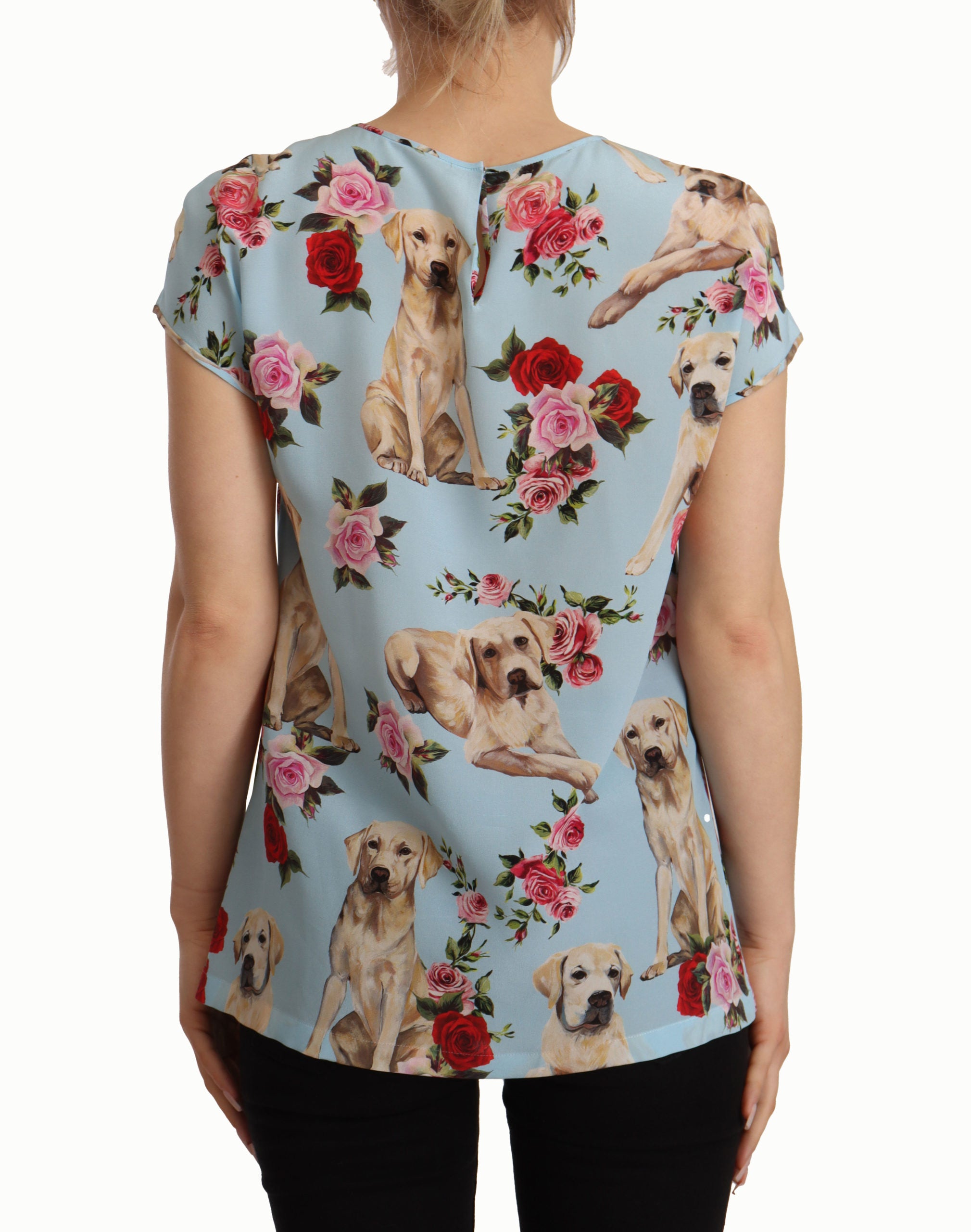 Dolce & Gabbana Light Blue Floral Dog Print Silk Blouse Top