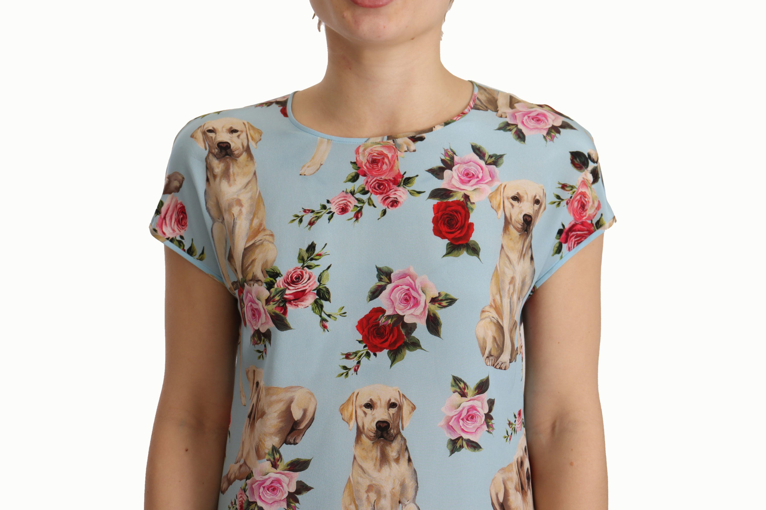 Dolce & Gabbana Light Blue Floral Dog Print Silk Blouse Top