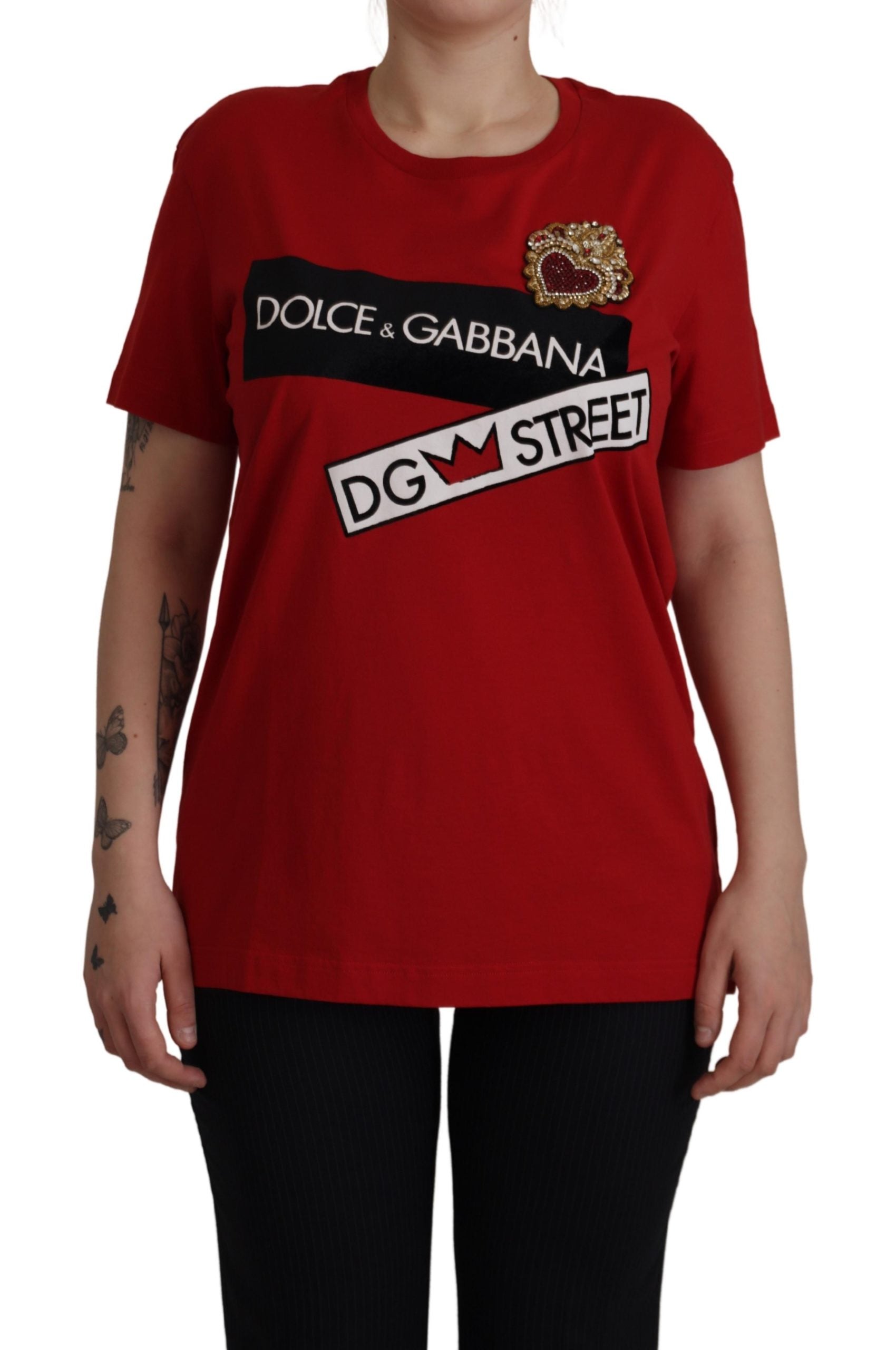 Dolce & Gabbana Cotton Red Embellished Round Neck Top T-shirt