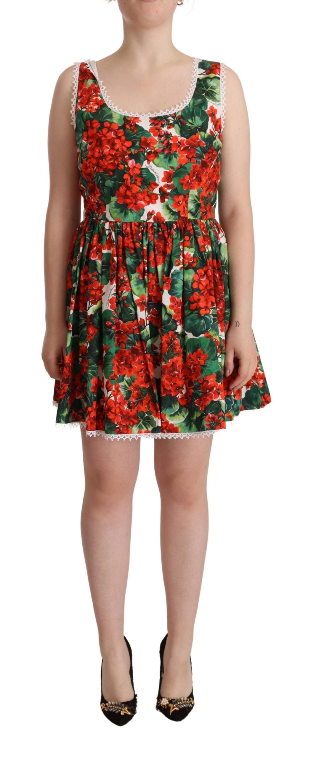 Dolce & Gabbana Multicolor Red Floral Cotton Mini Gown Dress