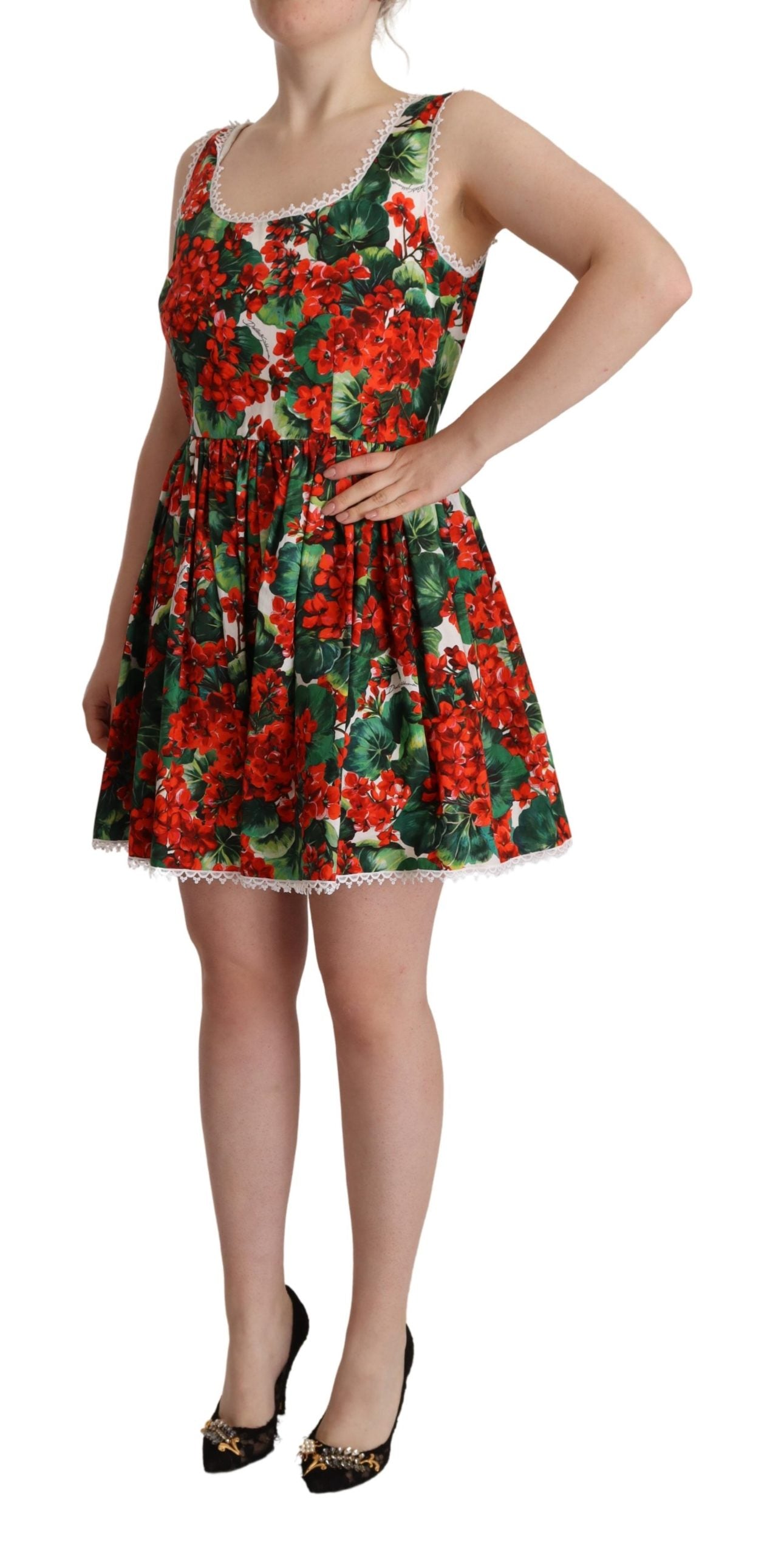 Dolce & Gabbana Multicolor Red Floral Cotton Mini Gown Dress