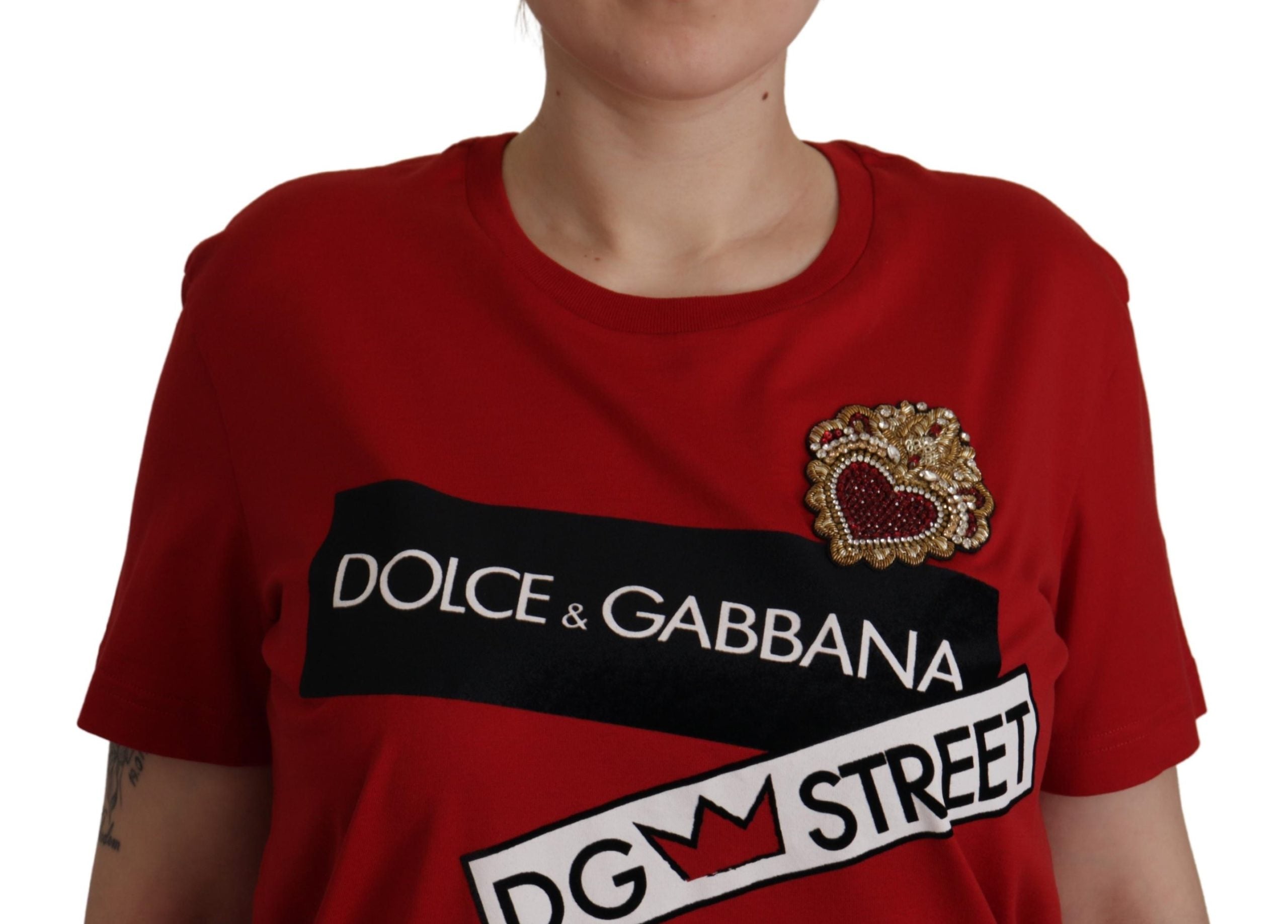 Dolce & Gabbana Cotton Red Embellished Round Neck Top T-shirt