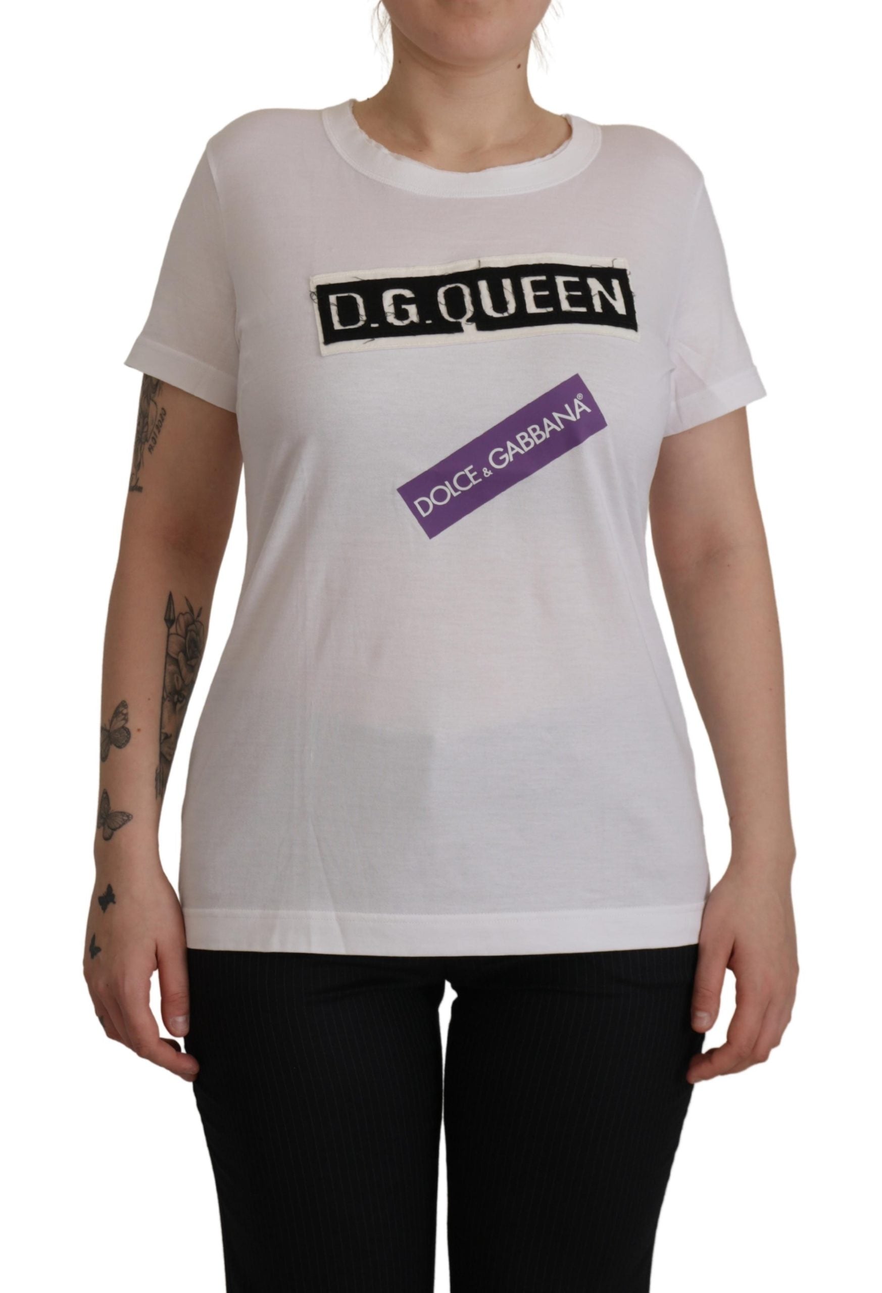 Dolce & Gabbana White DG Queen Patch Round Neck Cotton T-shirt