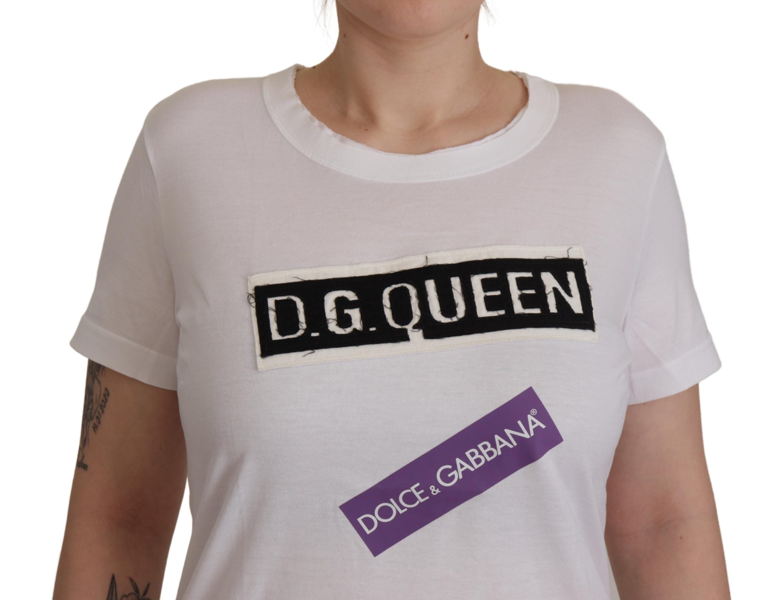 Dolce & Gabbana White DG Queen Patch Round Neck Cotton T-shirt