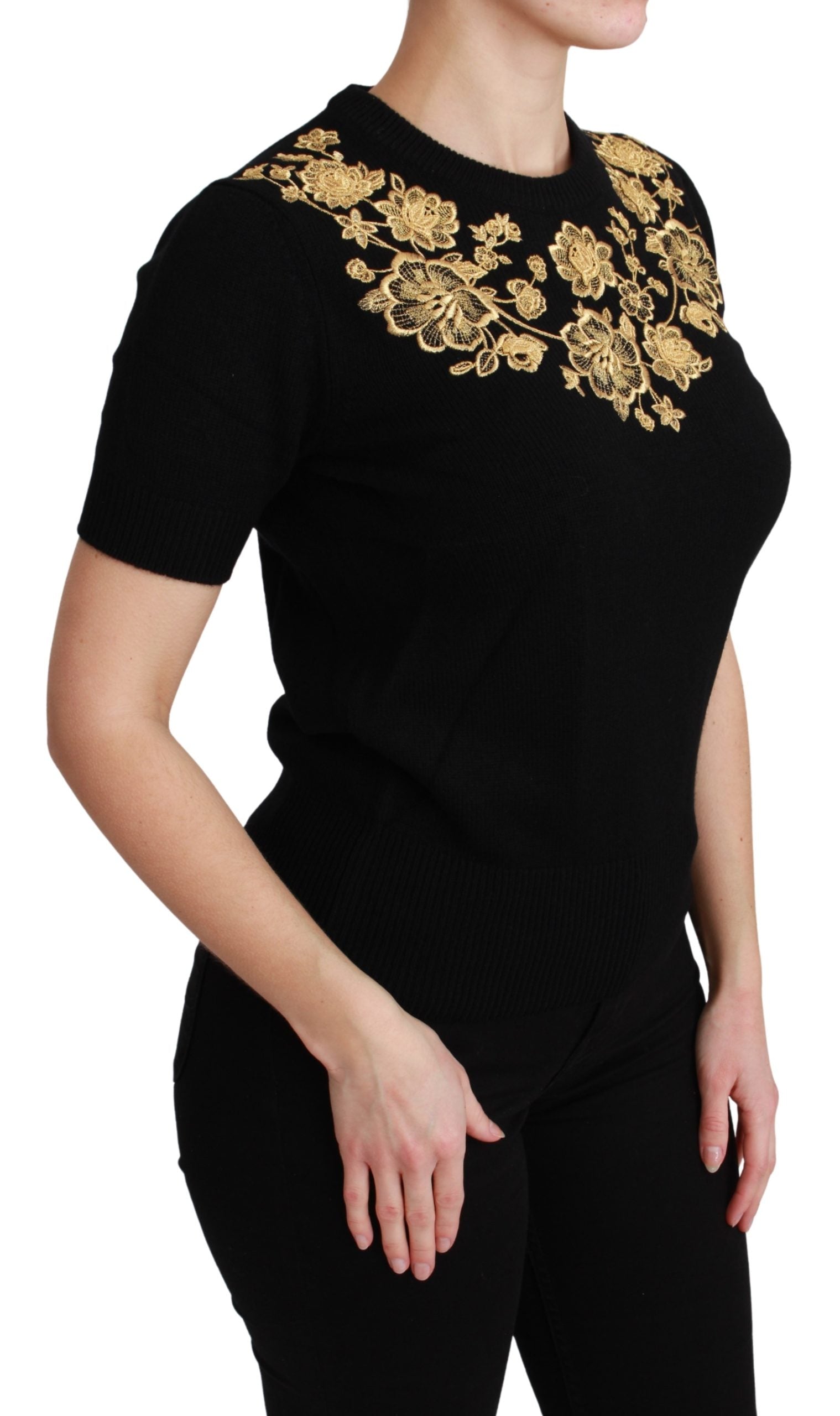 Dolce & Gabbana Black Cashmere Gold Floral Sweater Top