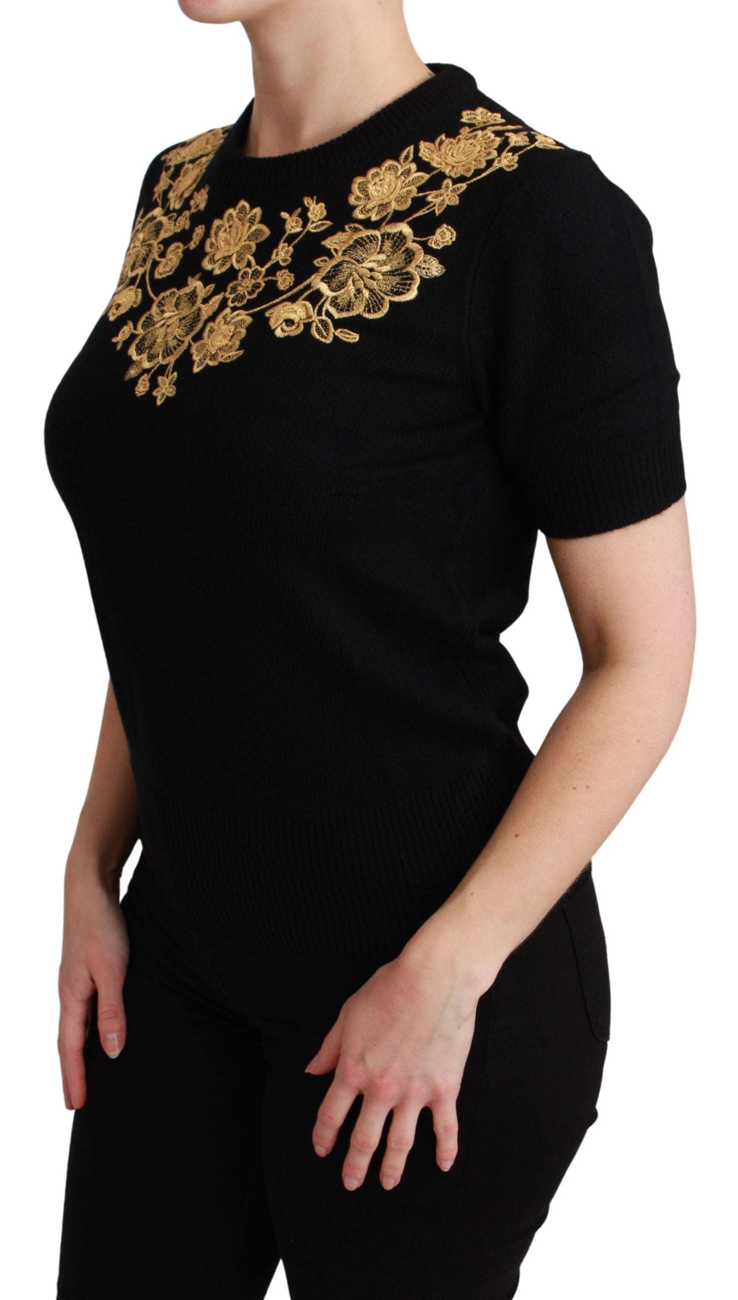 Dolce & Gabbana Black Cashmere Gold Floral Sweater Top