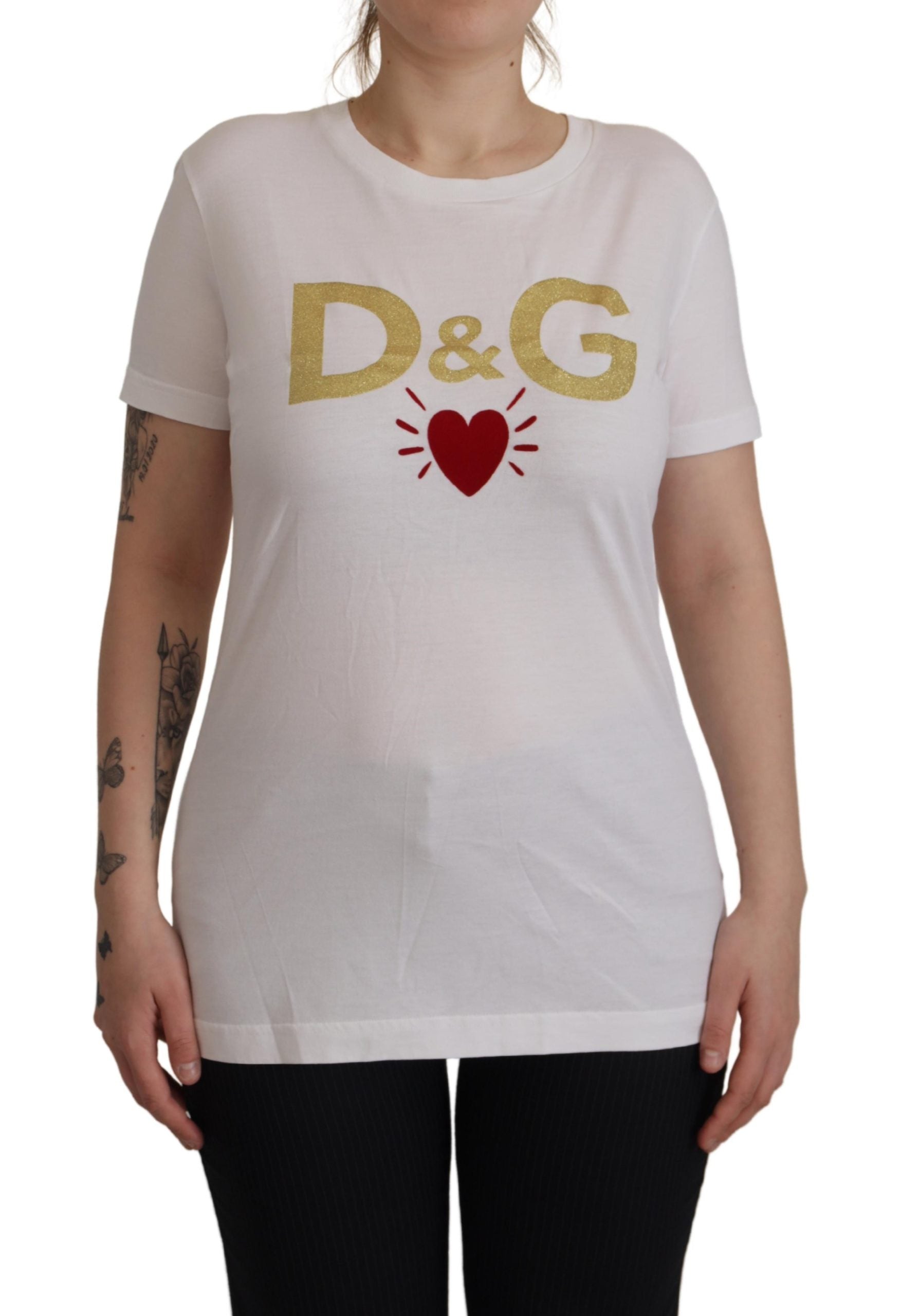 Dolce & Gabbana White Cotton DG Heart Printed Round Neck