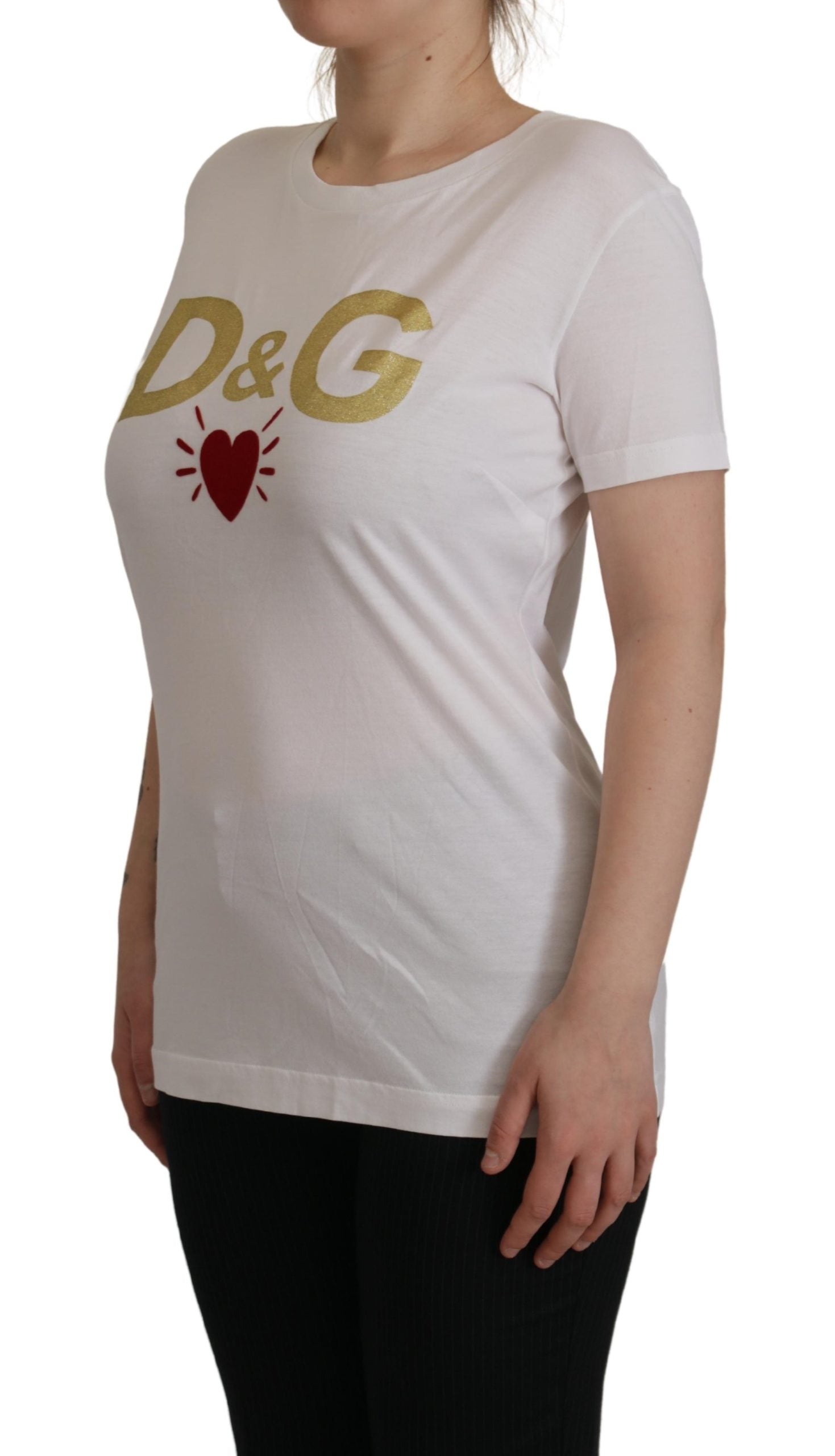 Dolce & Gabbana White Cotton DG Heart Printed Round Neck