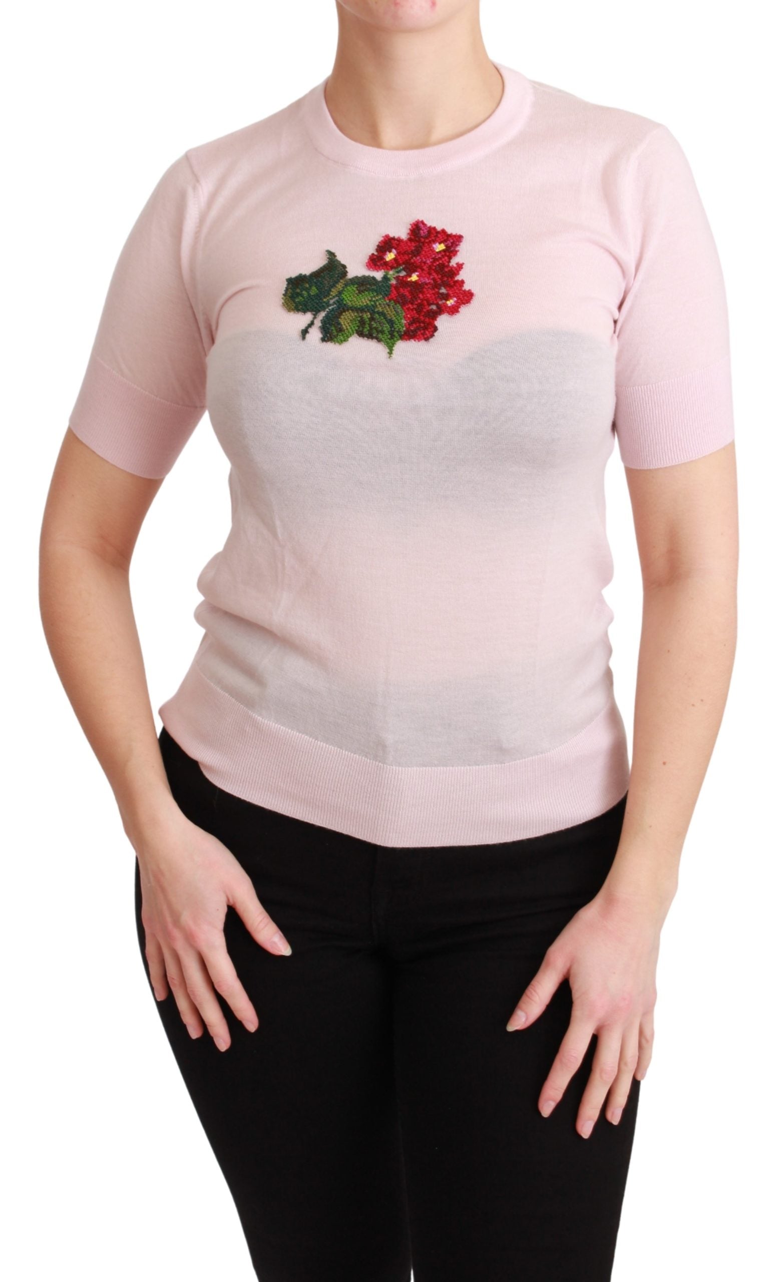 Dolce & Gabbana Pink Floral Embroidered Blouse Cashmere Top