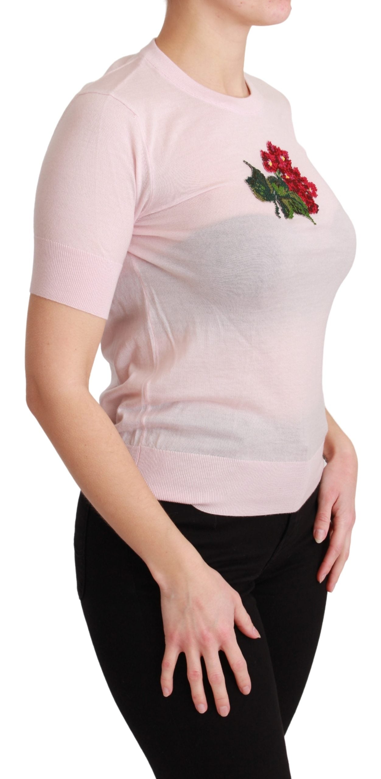 Dolce & Gabbana Pink Floral Embroidered Blouse Cashmere Top