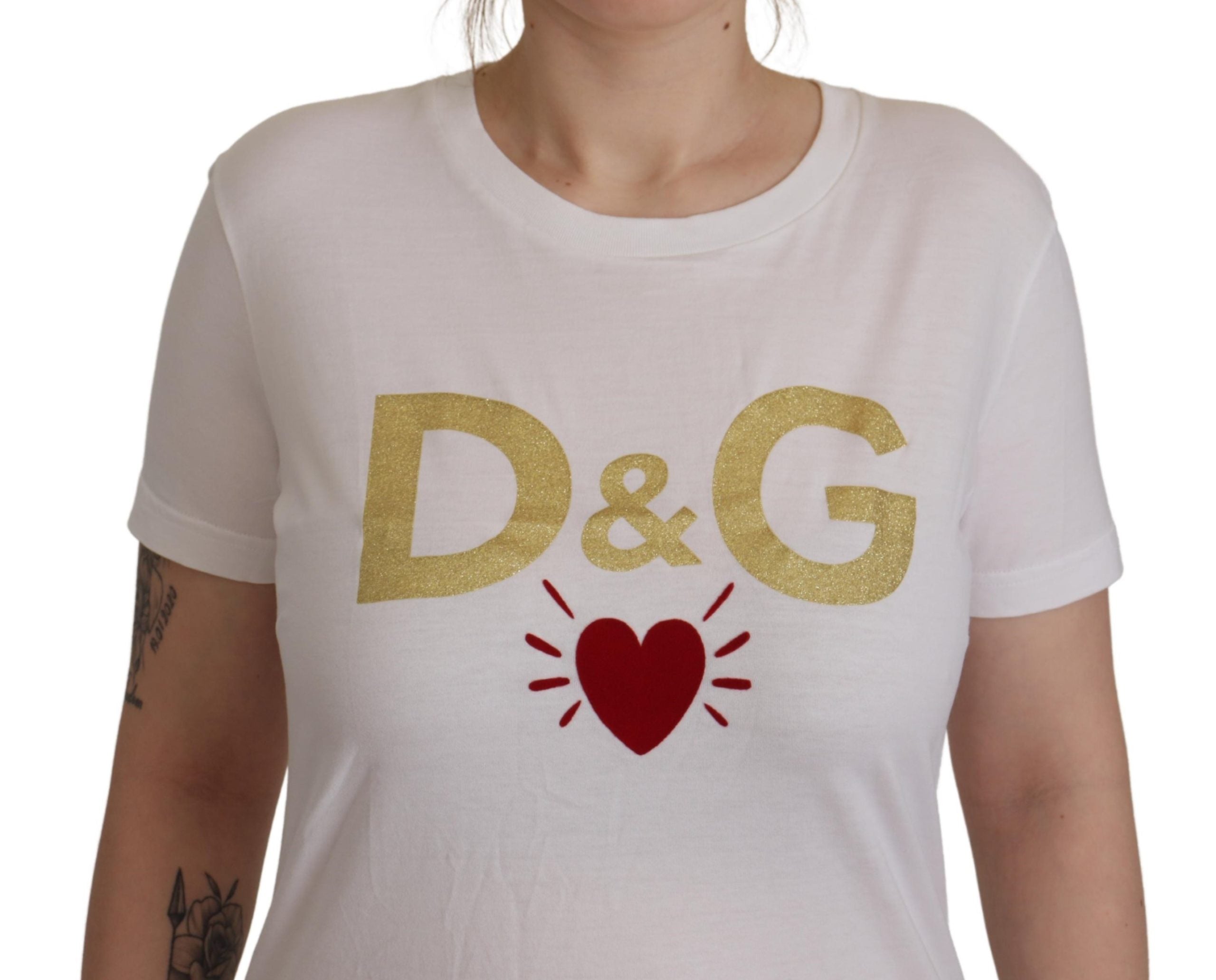 Dolce & Gabbana White Cotton DG Heart Printed Round Neck