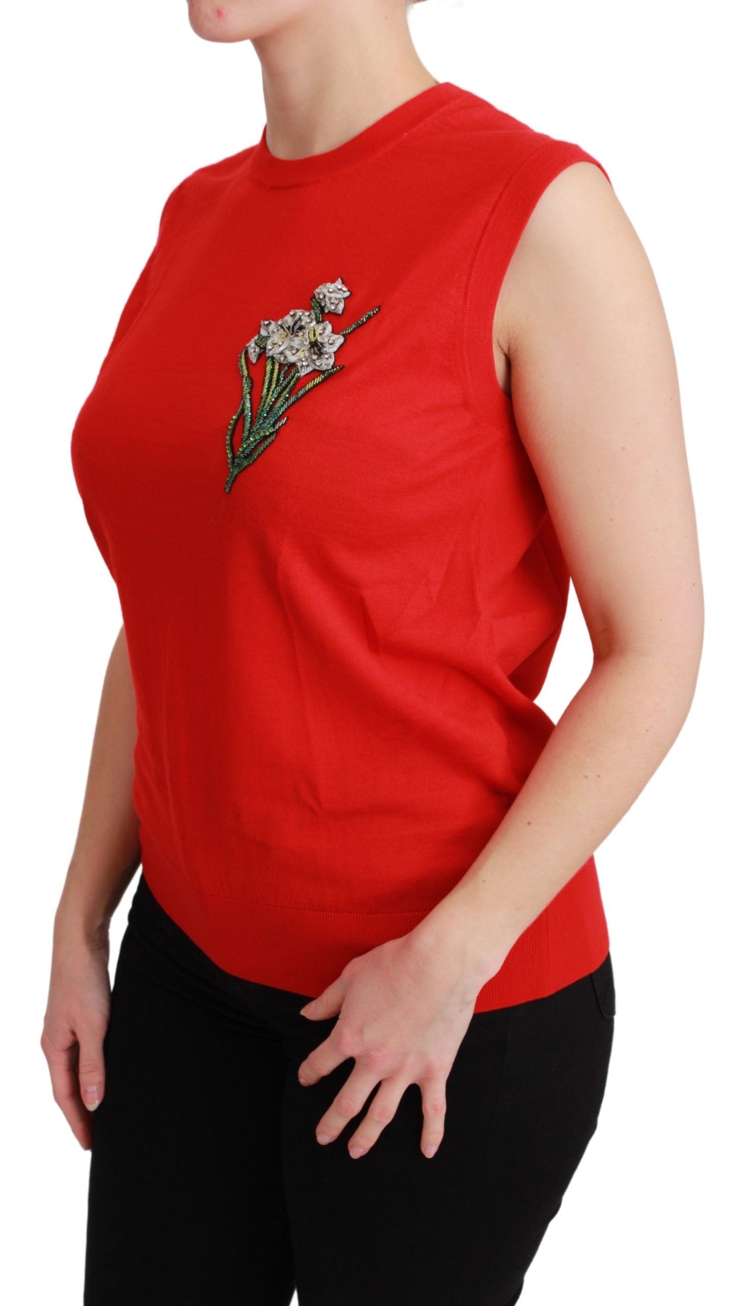 Dolce & Gabbana Red Tank Vest Crystal Flower Wool Top